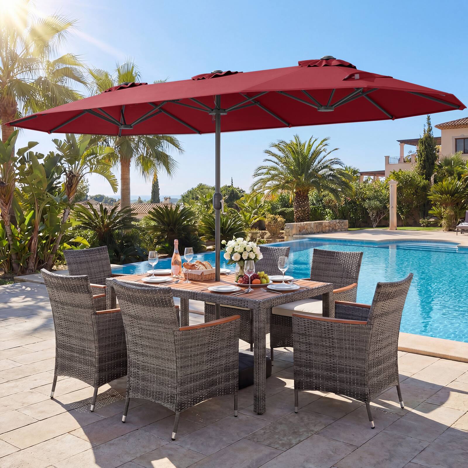 Alt View 4. Gymax - Gymax 8-Piece Patio Dining Set w/ Double-Sided Market Umbrella Acacia Wood Top Wine - Red.