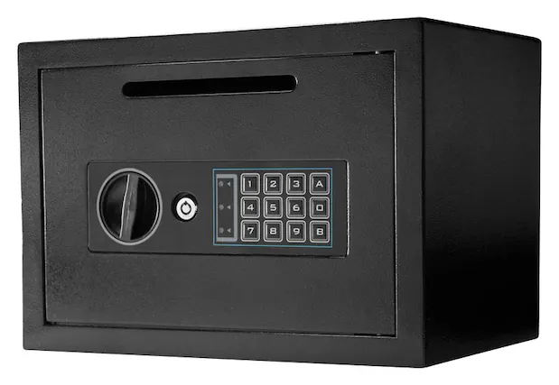 Front. Barska - Digital Depository Safe – 0.57 Cu. Ft Front-Load Drop Safe for Cash & Mail with PIN Lock, Steel Body, Anti-Pry Hinges - Black.