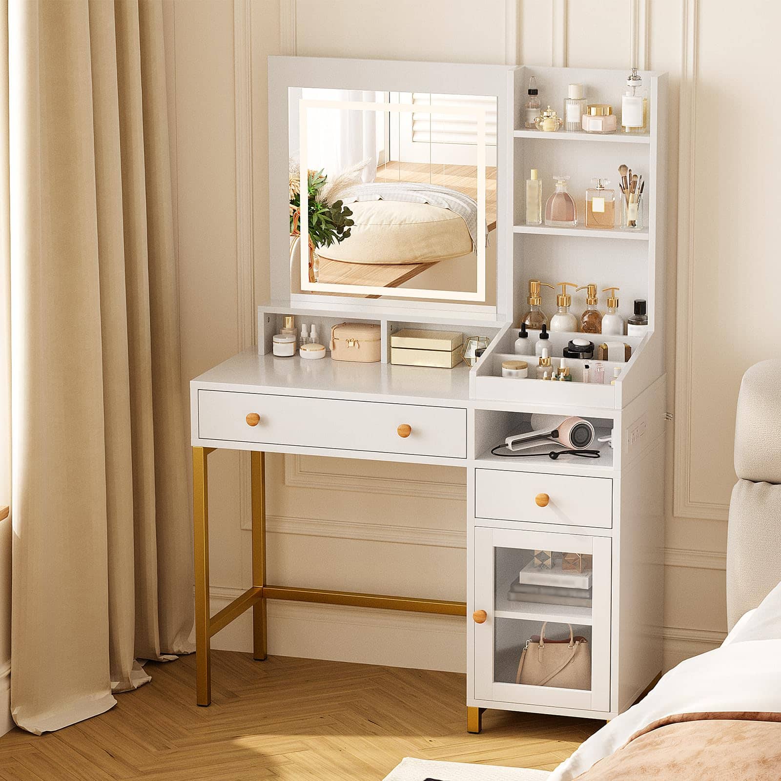 Acekool - Makeup Table Vanity Dressing Table with Drawers & Transparent Display Cabinet - White