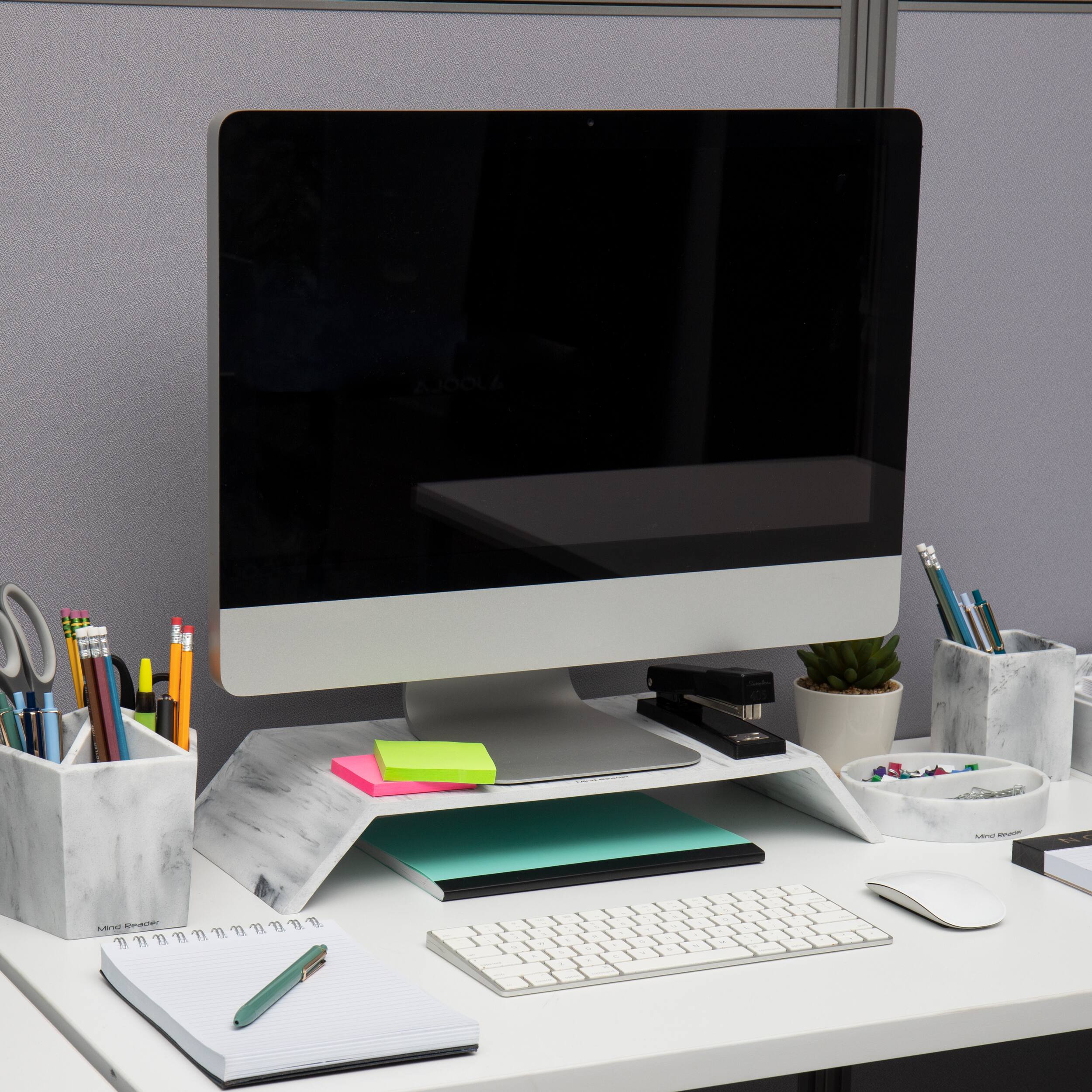 Angle. Mind Reader - Marbella Collection, Monitor Stand, 22b. Capacity, Office, Resin, 9"L x 18.25"W x 3"H, White - White.