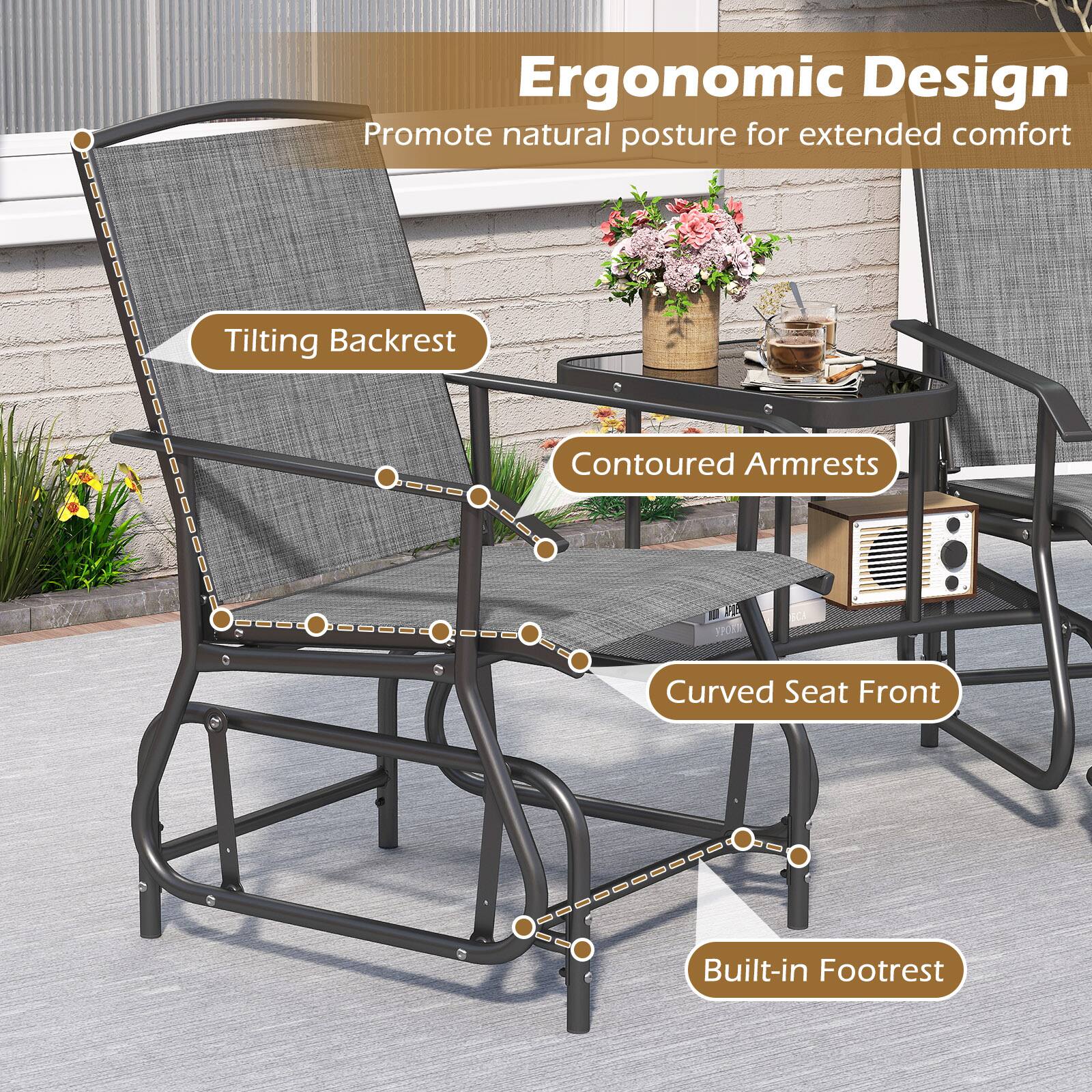 Ergonomic Design  
Promote natural posture for extended comfort  
Tilting Backrest  
Contoured Armrests  
Curved Seat Front  
Built-in Footrest