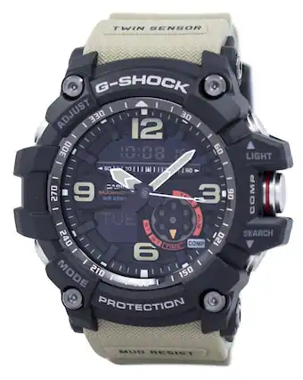 TWIN SENSOR G-SHOCK
ADJUST 330 12 30 300 18:08 60 LIGHT 60 30
CASIO MUDMASTER WR 20BA
TUE ALM ST SEARCH 240 WT TIME COMP 120 6 MODE 210 150 180
PROTECTION MUD RESIST