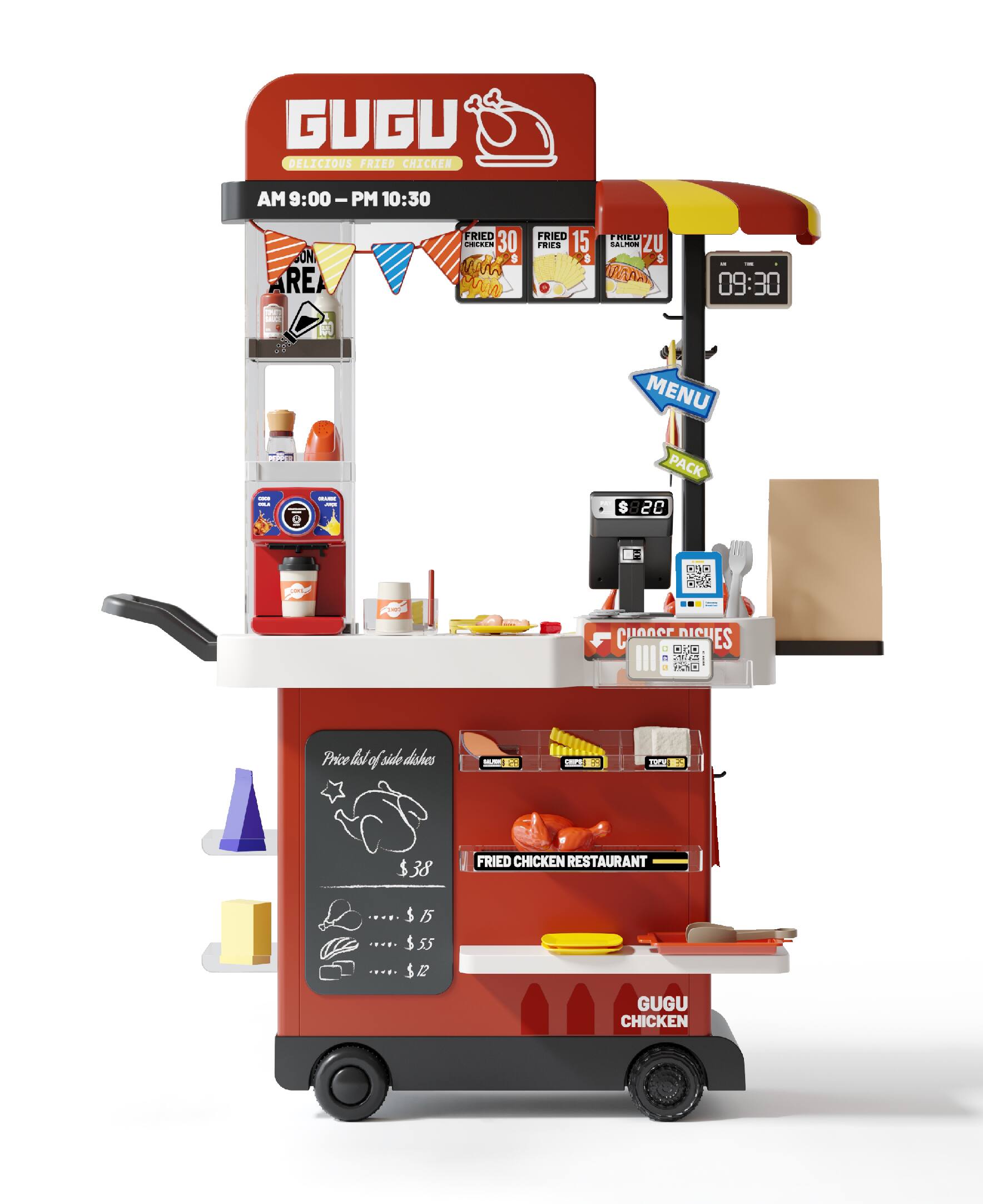 GUGU  
DELICIOUS FRIED CHICKEN  

AM 9:00 - PM 10:30  

FRIED CHICKEN  
$30  

FRIED FRIES  
$15  

FRIED SALMON  
$20  

MENU PACK  
$20  

Price list of side dishes  
$38  

FRIED CHICKEN RESTAURANT  

GUGU CHICKEN