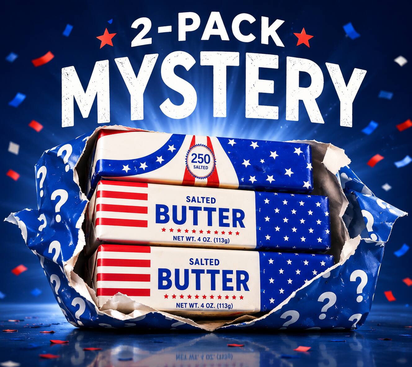 2-PACK MYSTERY  
250 SALTED  
SALTED BUTTER  
NET WT. 4 OZ. (113g)  
SALTED BUTTER  
NET WT. 4 OZ. (113g)