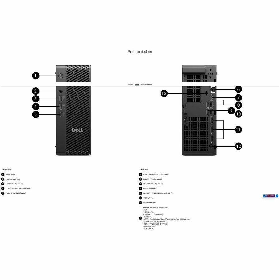 Ports and slots

Front side
1. Power button
2. USB 3.2 Gen 1 (10 Gbps) with PowerShare
3. USB 3.2 Gen 1 (10 Gbps) with PowerShare
4. USB 3.2 Gen 2x2 (20 Gbps)
5. Universal audio port

Rear side
6. L440 Ethernet (10/100/1000 Mbps)
7. USB 3.2 Gen 1 (10 Gbps)
8. USB 3.2 Gen 1 (10 Gbps)
9. USB 2.0 (480 Mbps)
10. DisplayPort
11. Optional port module (phone jack)
12. Optional port module (phone jack)
13. Optional port module (phone jack)
14. Optional port module (phone jack)
15. Optional port module (phone jack)
16. Optional port module (phone jack)
17. Optional port module (phone jack)
18. Optional port module (phone jack)
19. Optional port module (phone jack)
20. Optional port module (phone jack)
21. Optional