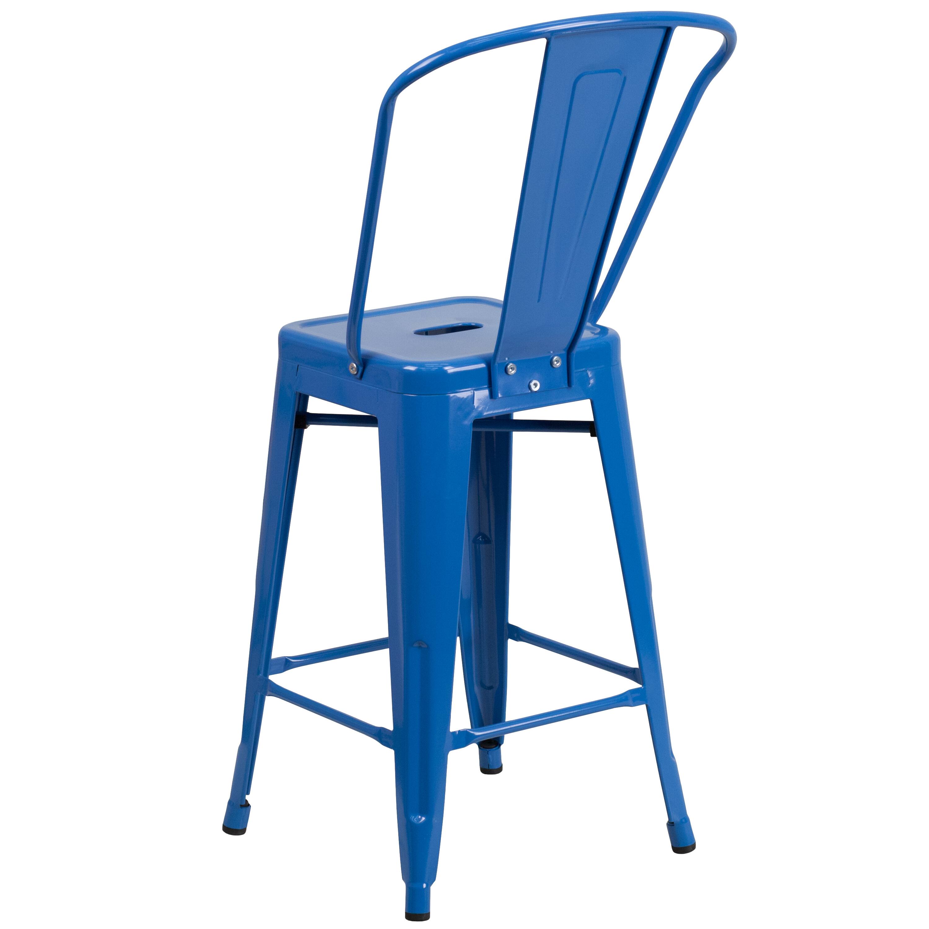 Alt View 5. Emma + Oliver - Commercial Grade 24"H Colorful Metal Indoor-Outdoor Counter Stool with Back - Blue.