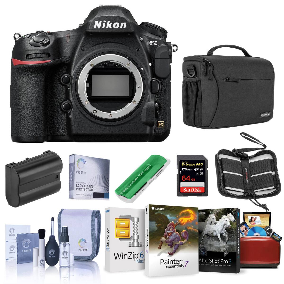Bundle - Nikon - D850 DSLR Camera Body - With 64GB SDXC U3 Card, Camera Case, Spare Battery, Cleaning Kit, Memory Wallet,