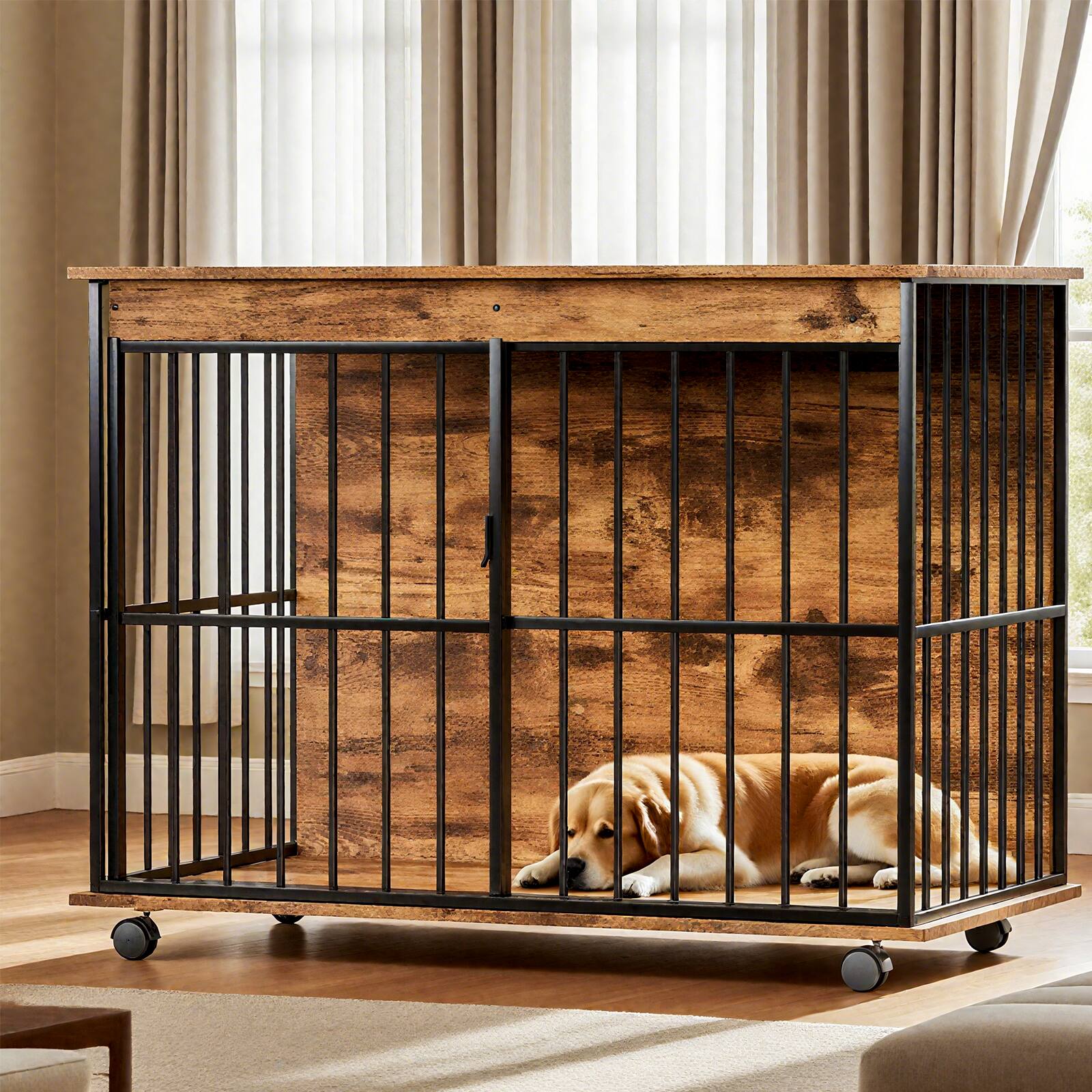 Front. Siljoy - 43.3" Dog Crate Furniture, MDF & Steel Kennel with Tray, Coffee Table for Large Dogs, 70+ lbs.