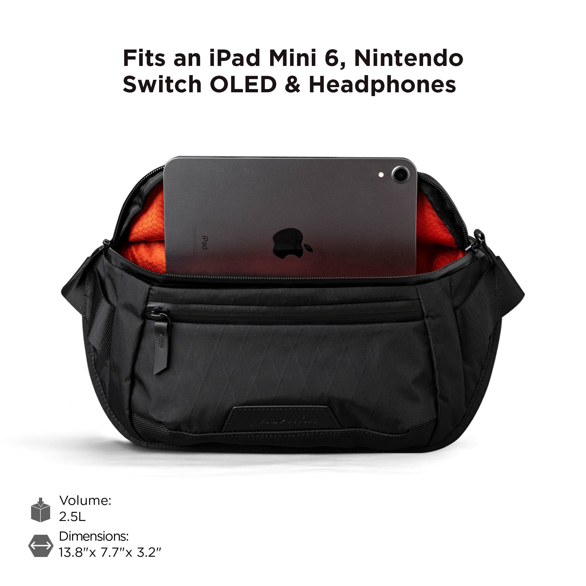Fits an iPad Mini 6, Nintendo Switch OLED & Headphones

Volume: 2.5L

Dimensions: 13.8" x 7.7" x 3.2"