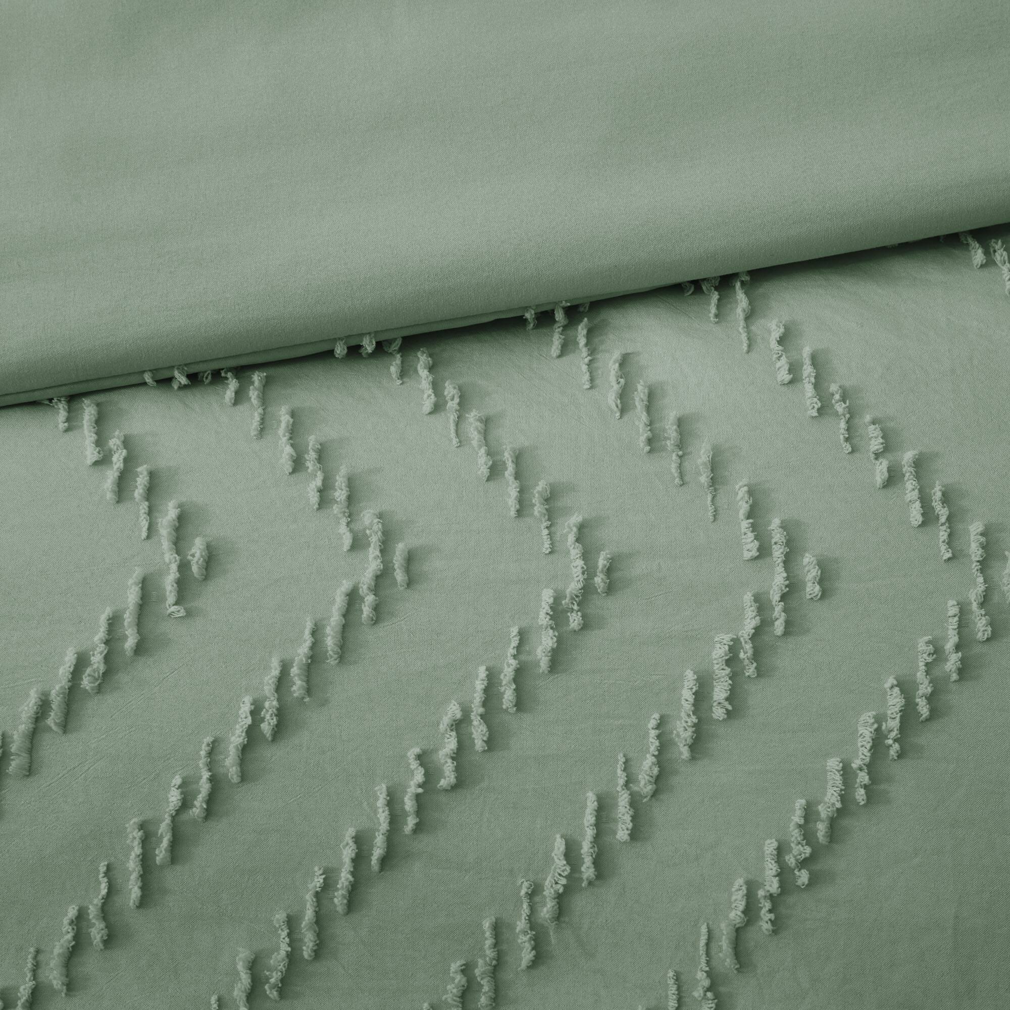 Left. Peace Nest - Peace Nest Tufted Clipped Jacquard Geometric Duvet Cover & Pillowcase Set - Wave Green.