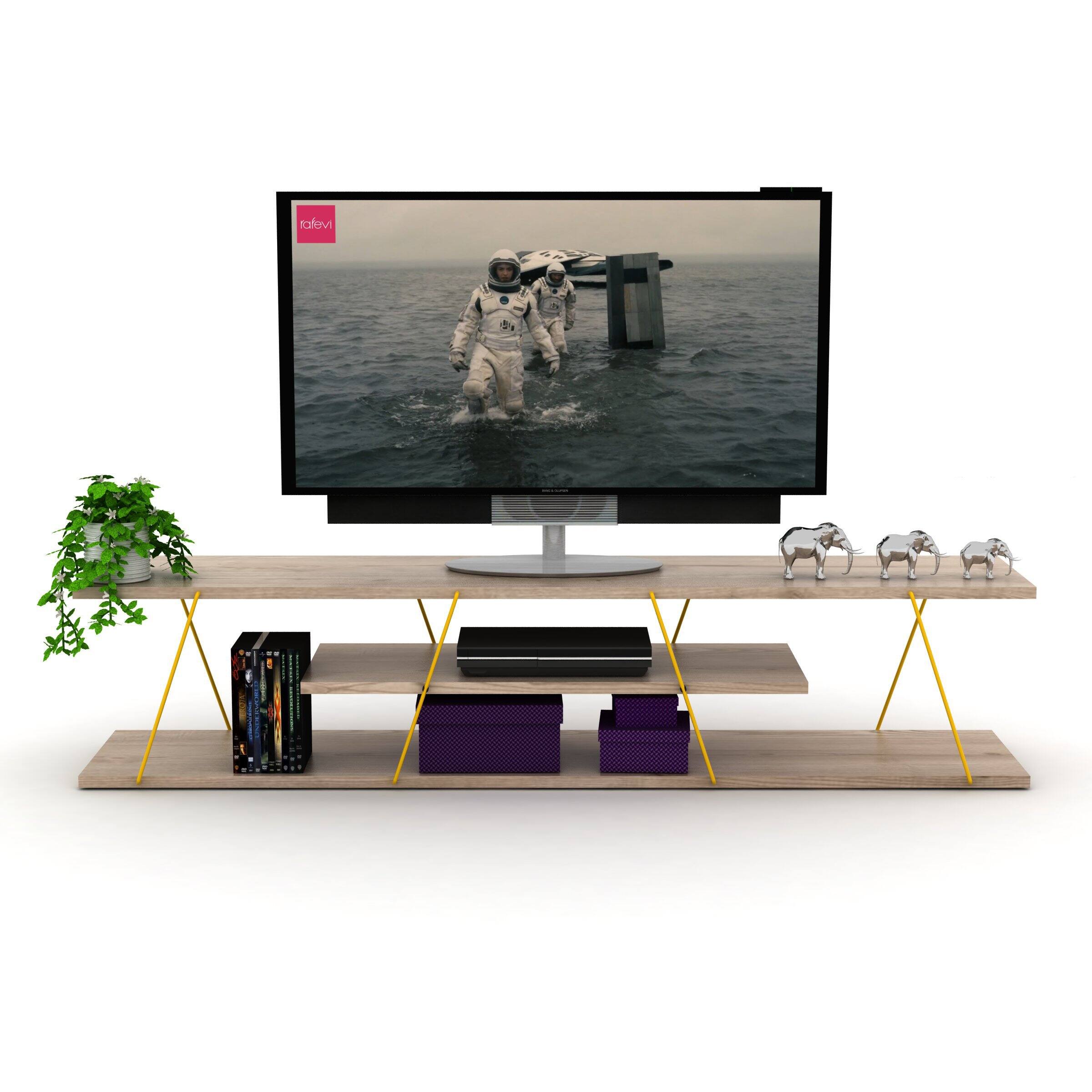 Front. Spaco - Spaco Mid Century Modern TV Stand for TVs Up to 56 Inch with 4 Open Shelves Metal Cords, Low Entertainment Center - Oak.