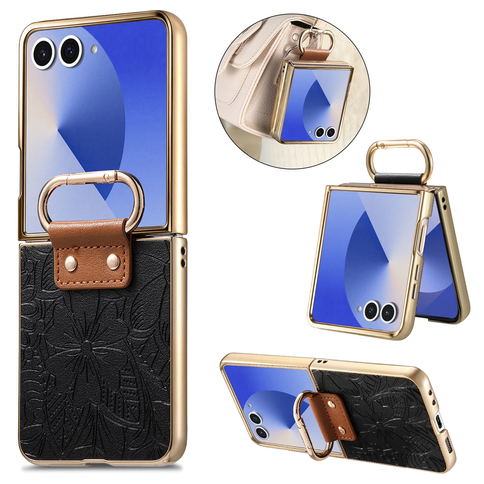 Dteck - Shockproof Floral Leather Texture Case for Samsung Galaxy Z Flip8, Electroplated Rigid Plastic Cover with Ring Holder - Black price history on PriceWatchPro