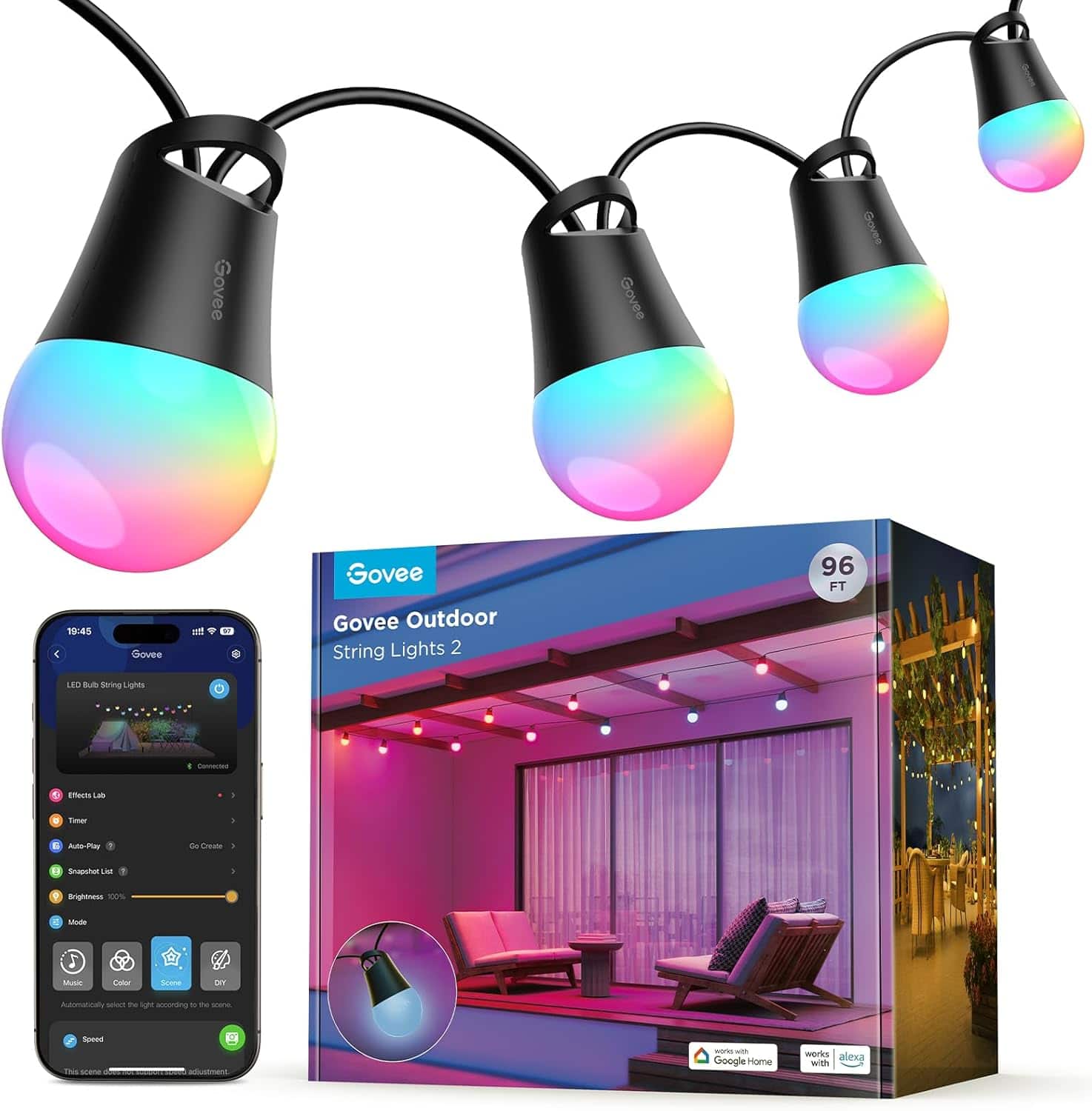 Govee Outdoor String Lights 2
96 FT
Govee
LED Bubble String Lights
Effects Lab
Timer
AutoPlay
Snapshot List
Brightness 100%
Mode
Music
Color
Scene
DIY
Automatically adjust the lighting according to the new scene.
Speed adjustment
Works with Google Home
Works with Alexa