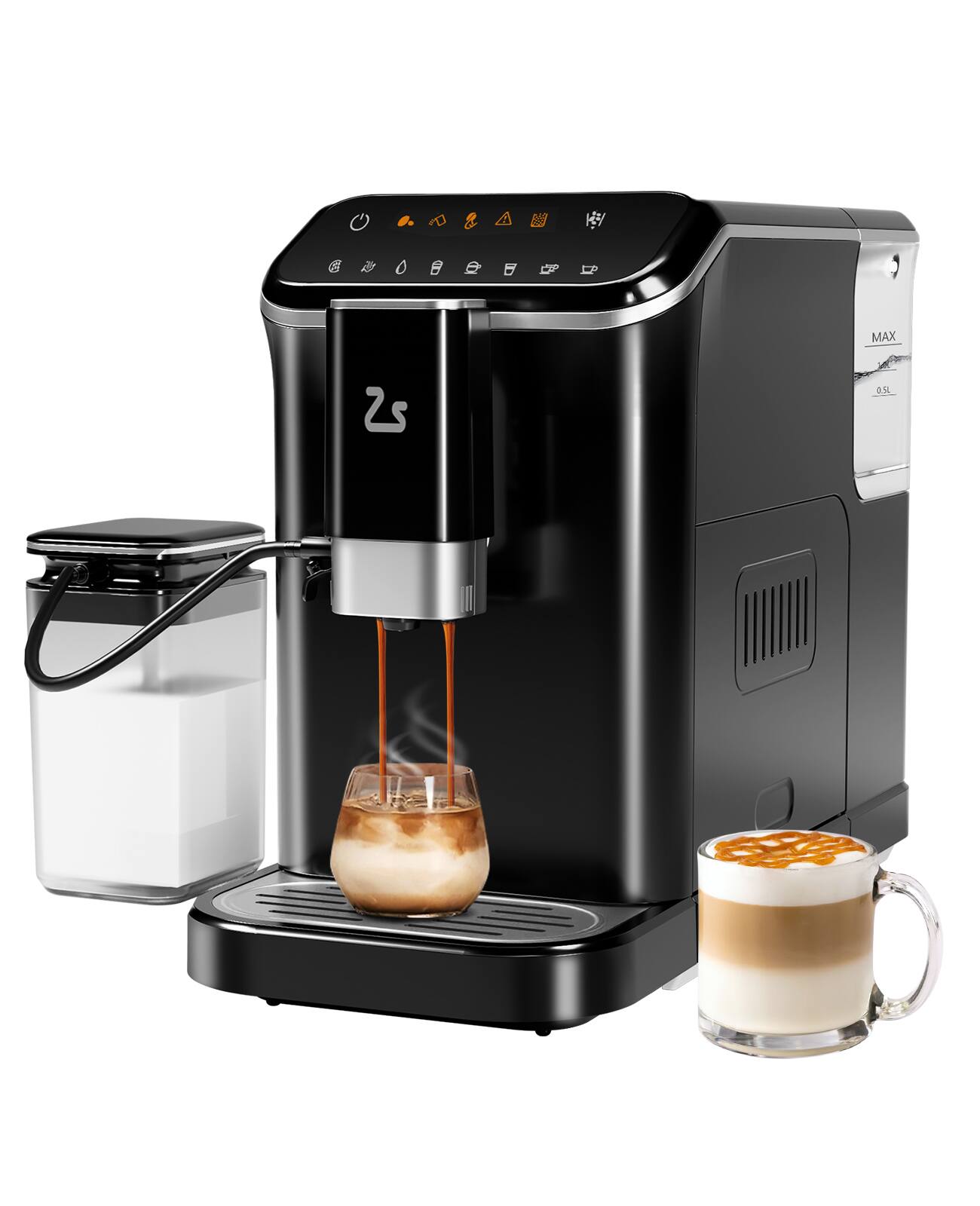 Angle. TROPOW - Fully Automatic Espresso Machine with Milk Frother, One-Touch Coffee Maker for Cappuccino & Latte - Black.