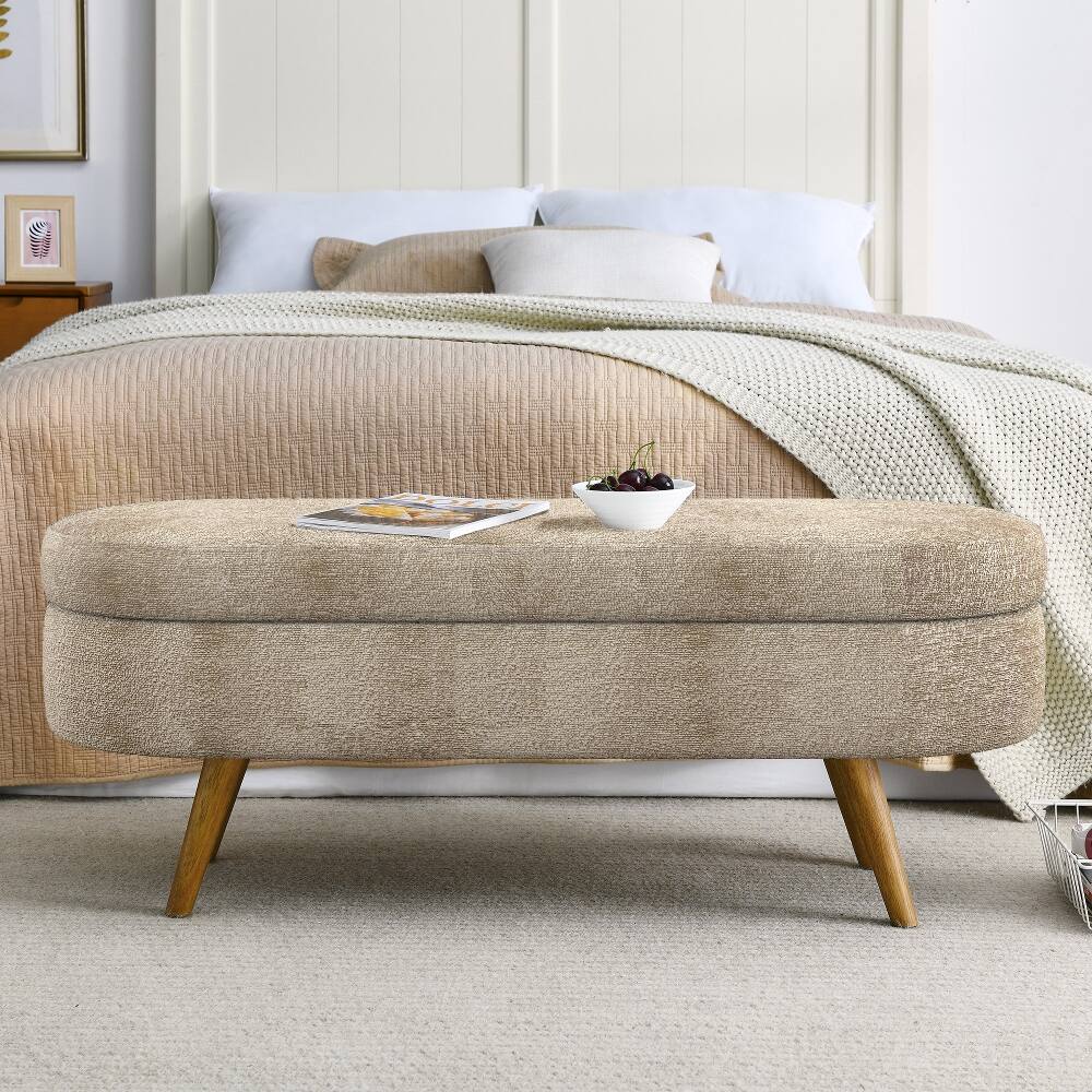Back. Ropilly - Ropilly Oval Storage Bench Pleated Fabric Ottoman with Rubber Wood Legs Brown - Brown.