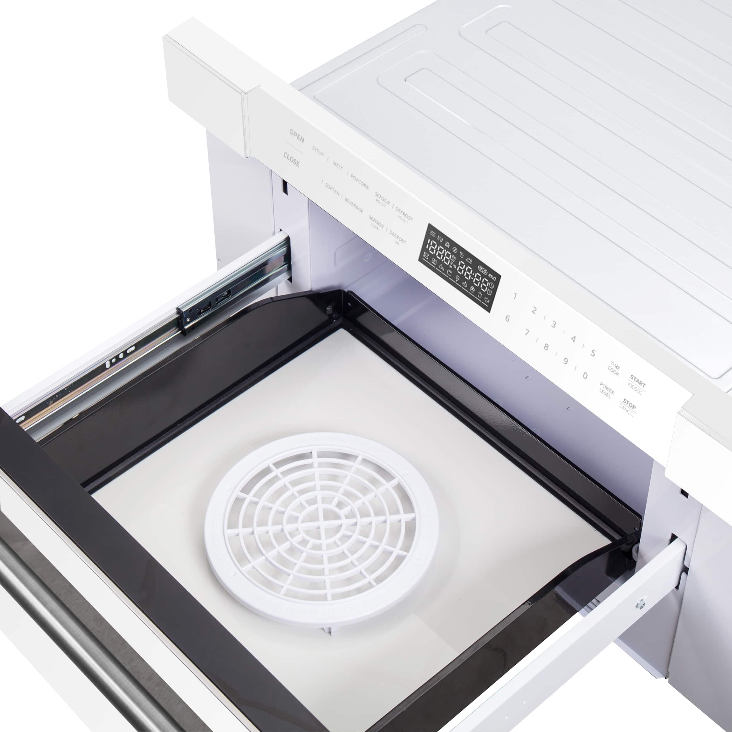 The image shows a microwave with its door open, revealing a fan inside. The microwave has a digital display, and its door is open, allowing the fan to be visible.