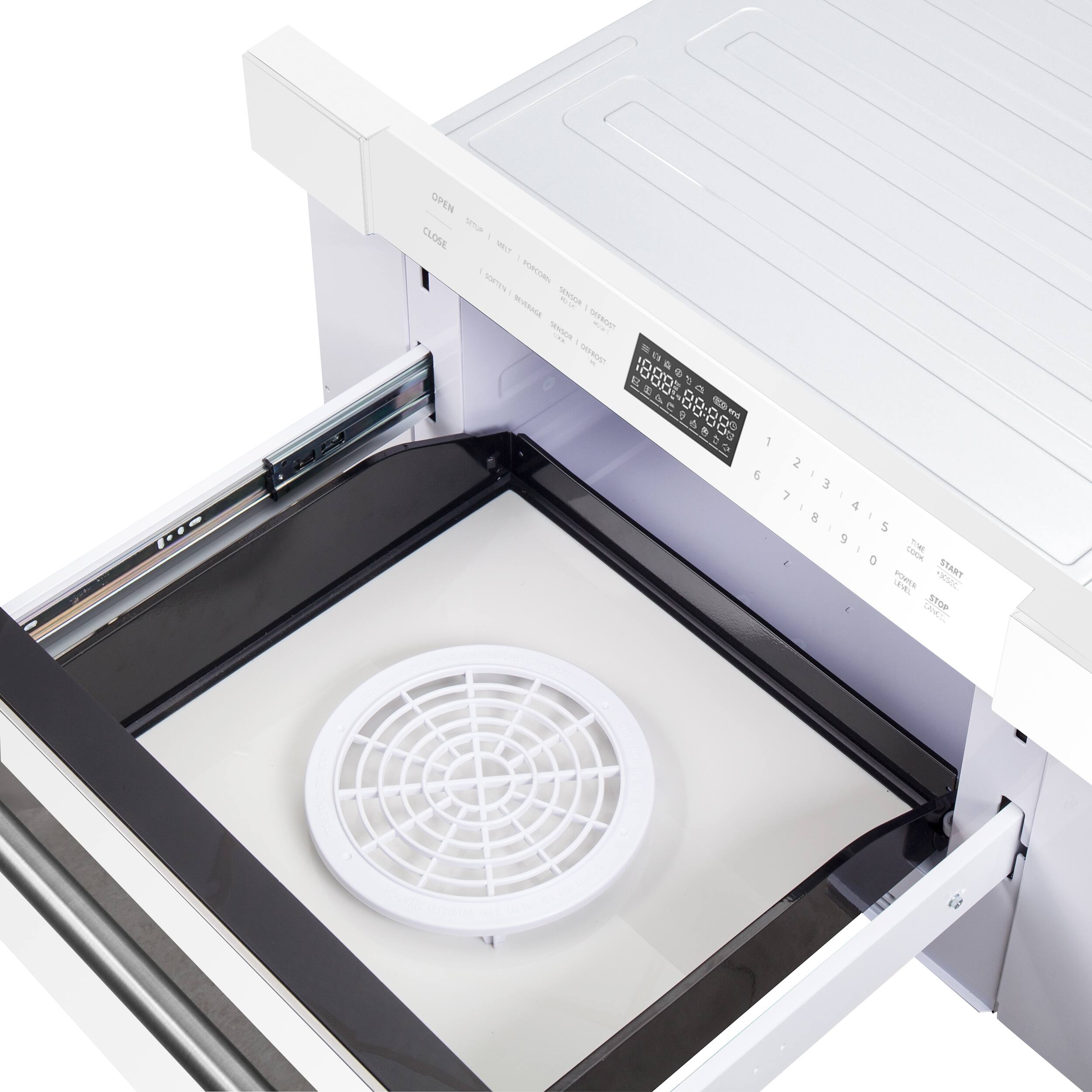 The image shows a microwave with its door open, revealing a fan inside. The microwave has a digital display, and its door is open, allowing the fan to be visible.