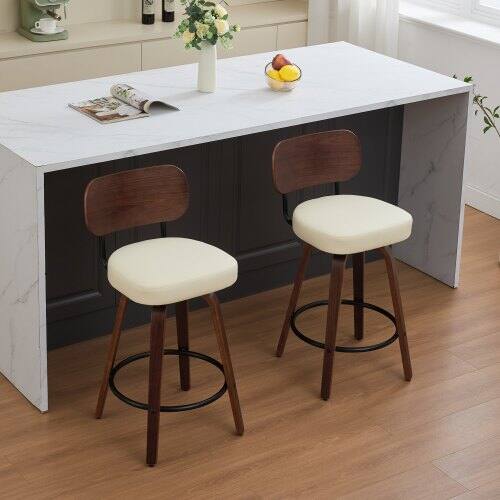 Alt View 7. LUCKY ONE - 26" Assembled Swivel Bar Stool Set of 2 Faux Leather Counter Height with Walnut Bentwood Back - Beige.