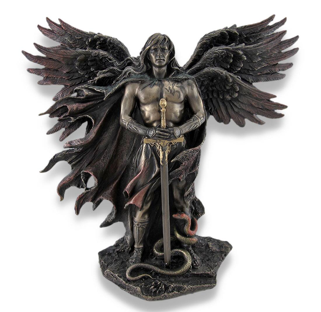 Front. Veronese Design - Bronzed Seraph Six-Winged Guardian Angel with Sword and Serpent - Bronze.