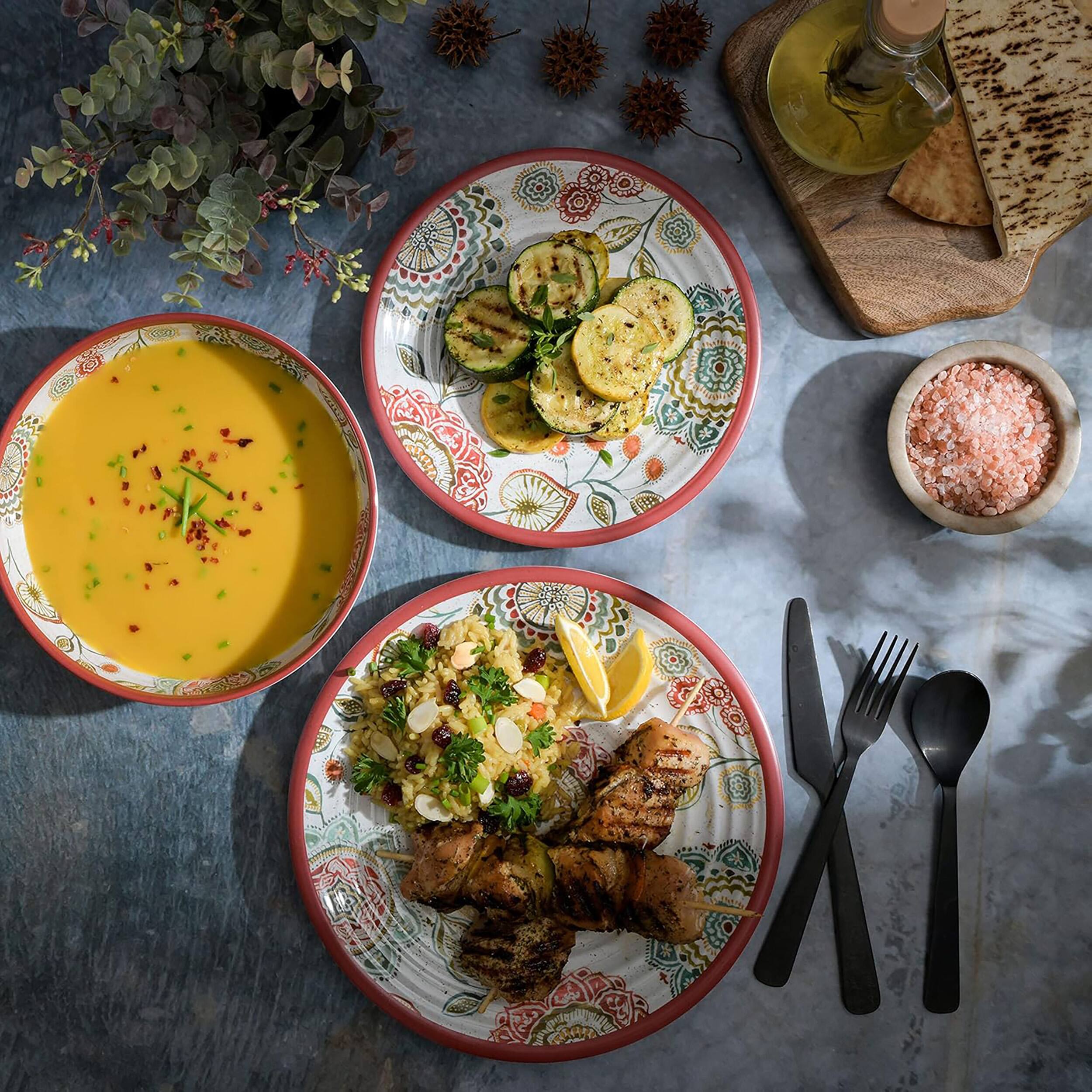 Alt View 4. Laurie Gates - Laurie Gates Brick Floral Ripple 12 Piece Melamine Dinnerware Set in Red - Multi.
