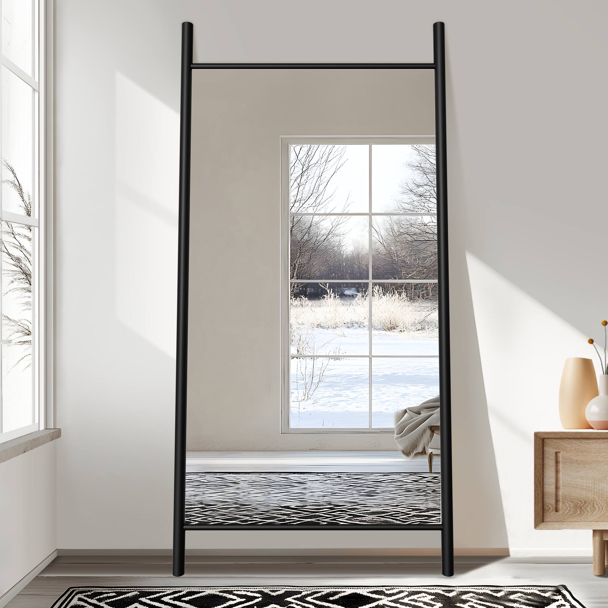 Alt View 1. PexFix - Full Length Mirror 73"x35" Rustic Leaning Ladder Floor Mirror with Wood Frame Dressing Mirror Wall Mounted - Black.