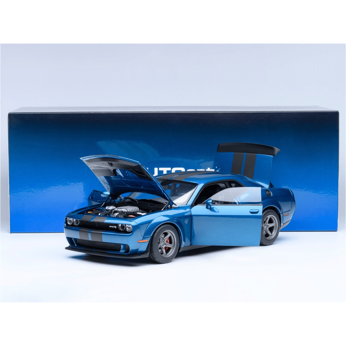 Alt View 9. Autoart - 2023 Dodge Challenger SRT Super Stock Frostbite Blue Metallic with Carbon Stripes 1/18 Model Car by Autoart.