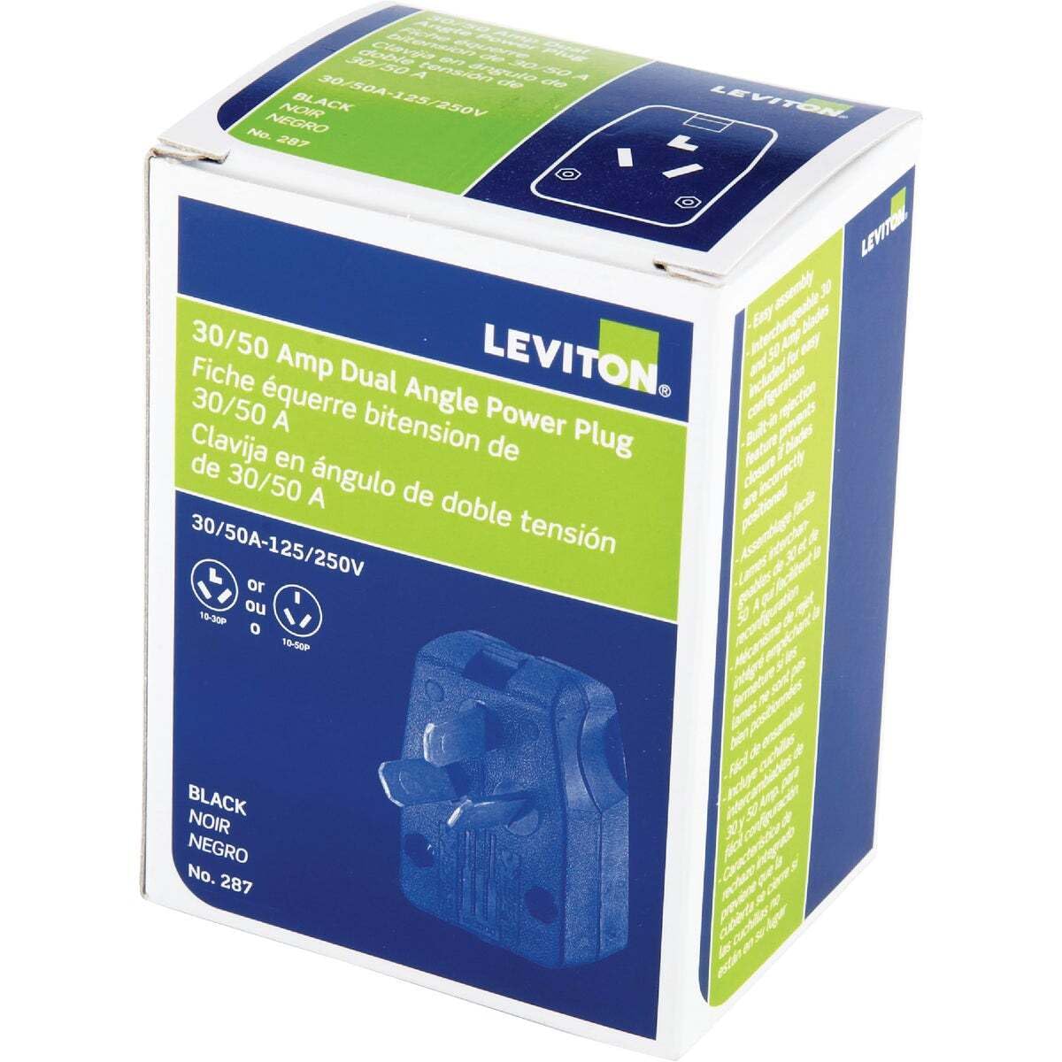 LEVITON  
30/50 Amp Dual Angle Power Plug  
Fiche équerre bithension de 30/50 A  
Clavija en ángulo de doble tensión de 30/50 A  
30/50A-125/250V  
BLACK NOIR NEGRO  
No. 287