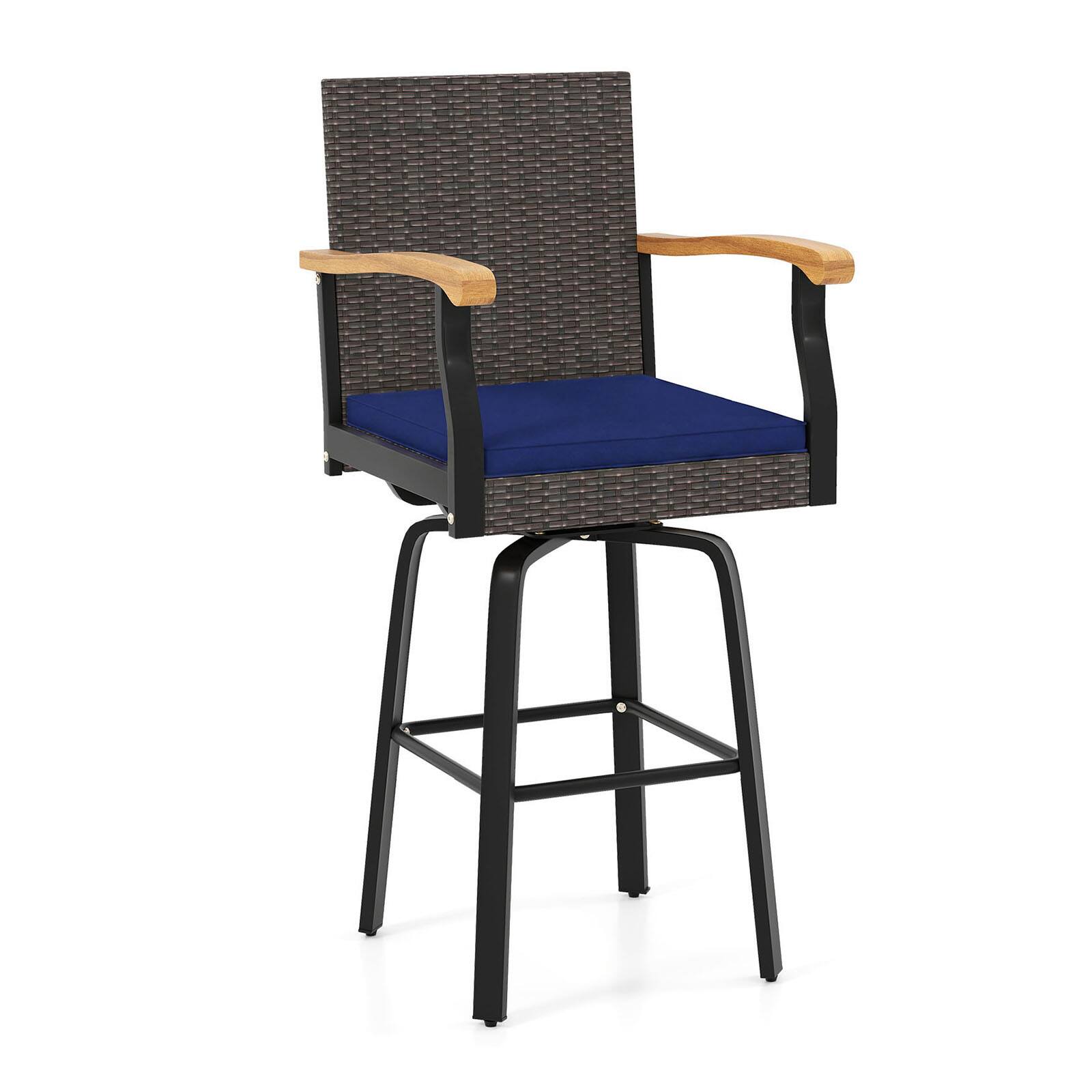 Alt View 9. Gymax - Gymax 2PCS 29'' Outdoor 360-Degree Swivel Bar Stool w/Cushion Acacia Wood Armrests Footrest Mix Brown & Navy - Blue.