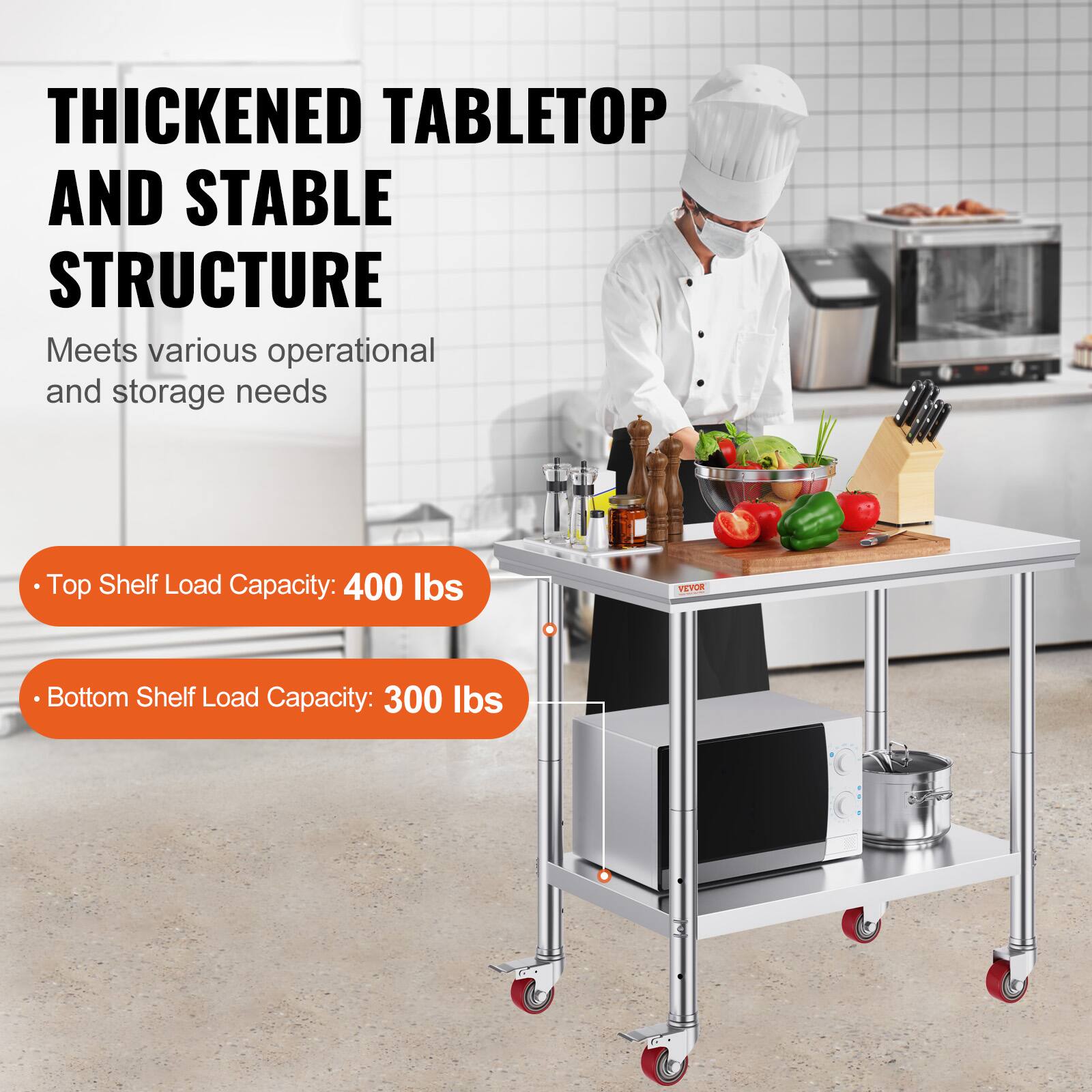 **Thickened Tabletop and Stable Structure**

Meets various operational and storage needs

- Top Shelf Load Capacity: 400 lbs
- Bottom Shelf Load Capacity: 300 lbs