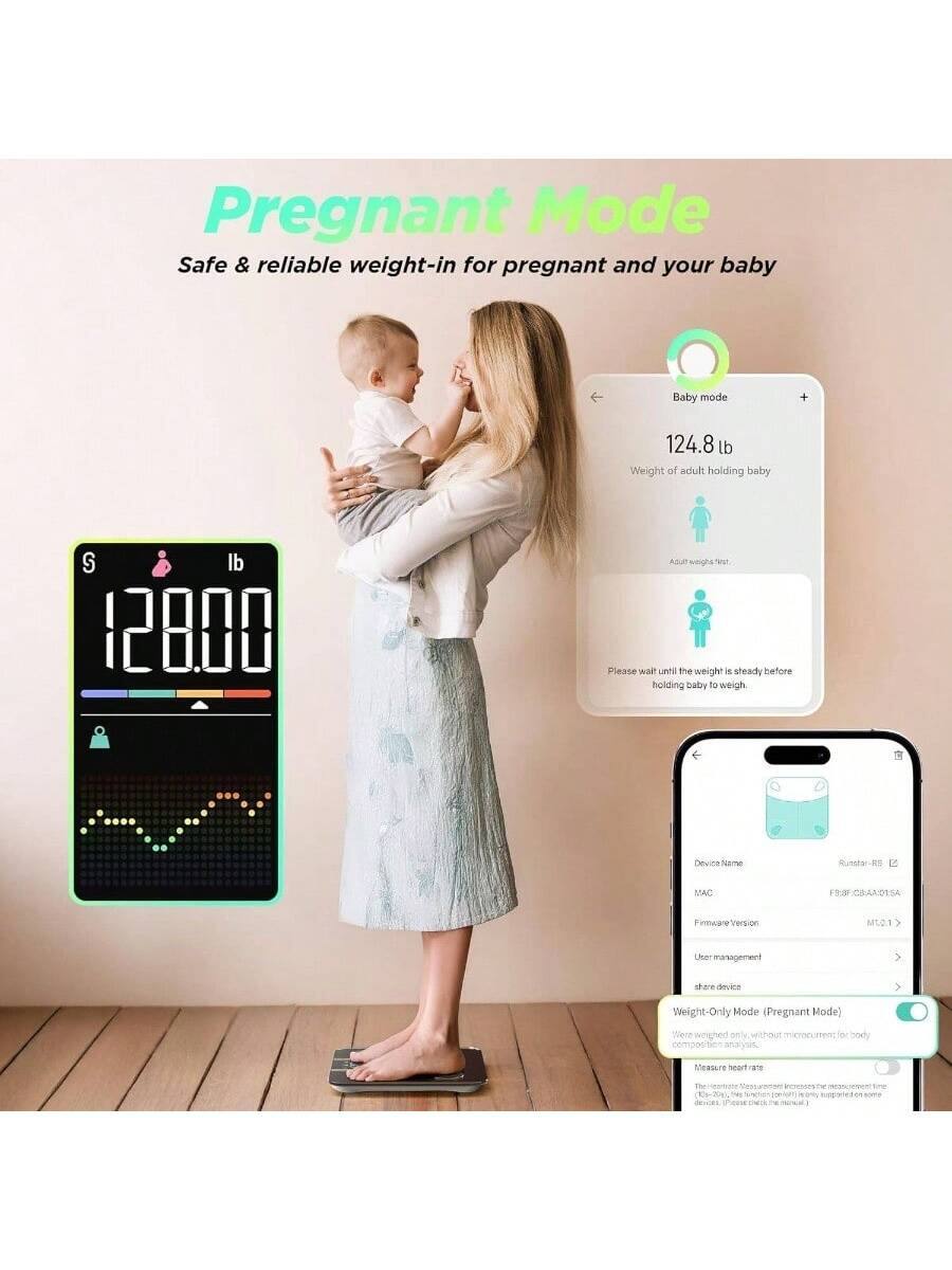 Pregnant Mode  
Safe & reliable weight-in for pregnant and your baby  

Baby mode  
124.8 lb  
Weight of adult holding baby  

Please wait until the weight is steady before holding baby to weigh.  

Device Name: Buar Le  
MAC: T0CAM0RSA  
Firmware Version: MT.01  

User management  
share device  

Weight-Only Mode (Pregnant Mode only)  
Weighed only, without microcurrent for body composition analysis.  

Measure heart rate  
This function is only available on some models. Please check the manual.