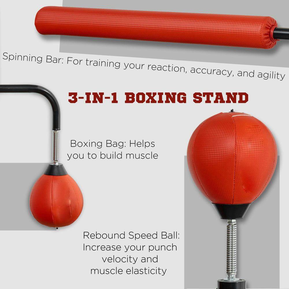 Sure, here is the corrected and grouped text:

---

**3-IN-1 BOXING STAND**

- **Spinning Bar:** For training your reaction, accuracy, and agility
- **Boxing Bag:** Helps you to build muscle
- **Rebound Speed Ball:** Increase your punch velocity and muscle elasticity

---
