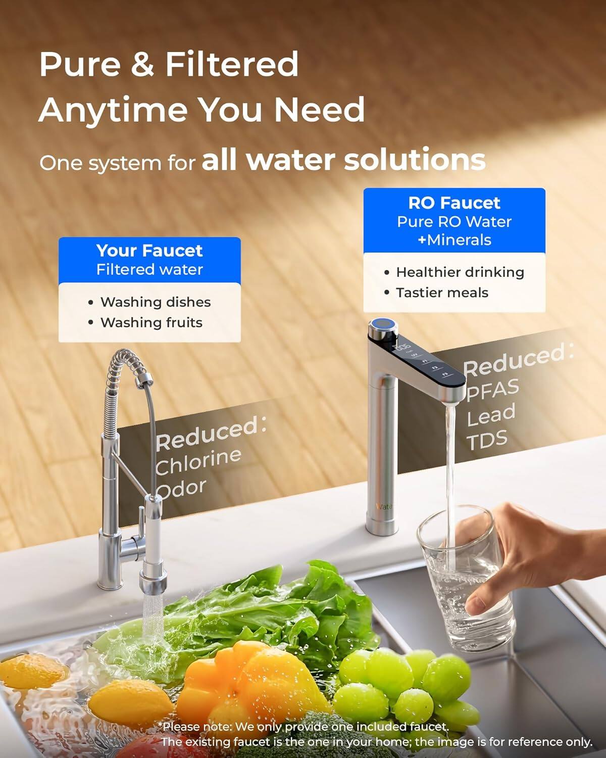 Pure & Filtered Anytime You Need

One system for all water solutions

Your Faucet
- Filtered water
  - Washing dishes
  - Washing fruits
  - Reduced: Chlorine Odor

RO Faucet
- Pure RO Water + Minerals
  - Healthier drinking
  - Tastier meals
  - Reduced: PFAS Lead TDS

*Please note: We only provide one included faucet. The existing faucet is the one in your home; the image is for reference only.