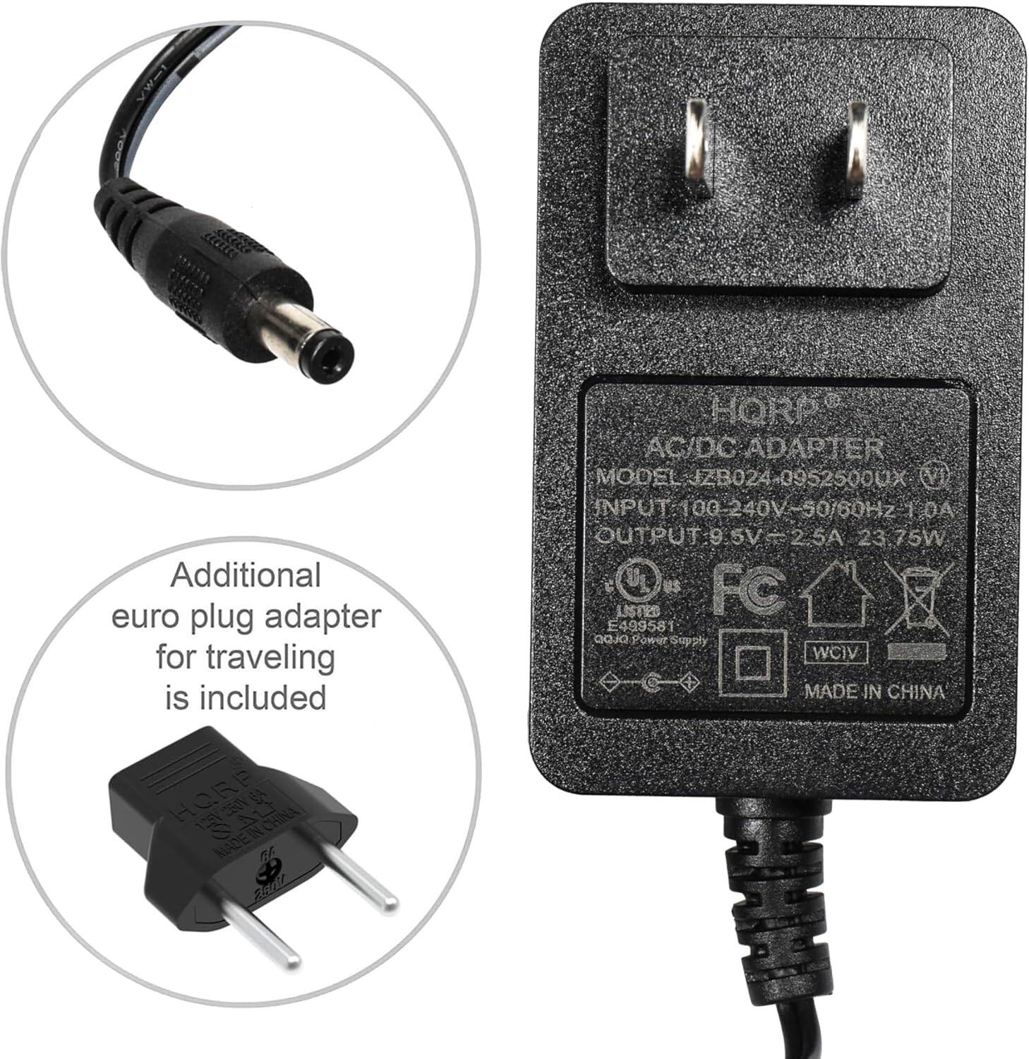 OLLECL Additional euro plug adapter for traveling is included HORP AC/DC ADAPTER MODEL JZB024-09525000X MODEL JZB024 09525000X INPUT 100-240V-50/60Hz 1.0A OUTPUT-9.5V 2.5A 23.75W US FC LSTED E499581 aaJ Power Supply WCIV MADE IN CHINA HORP R H 12 t4 CHINA MADEINCHINA