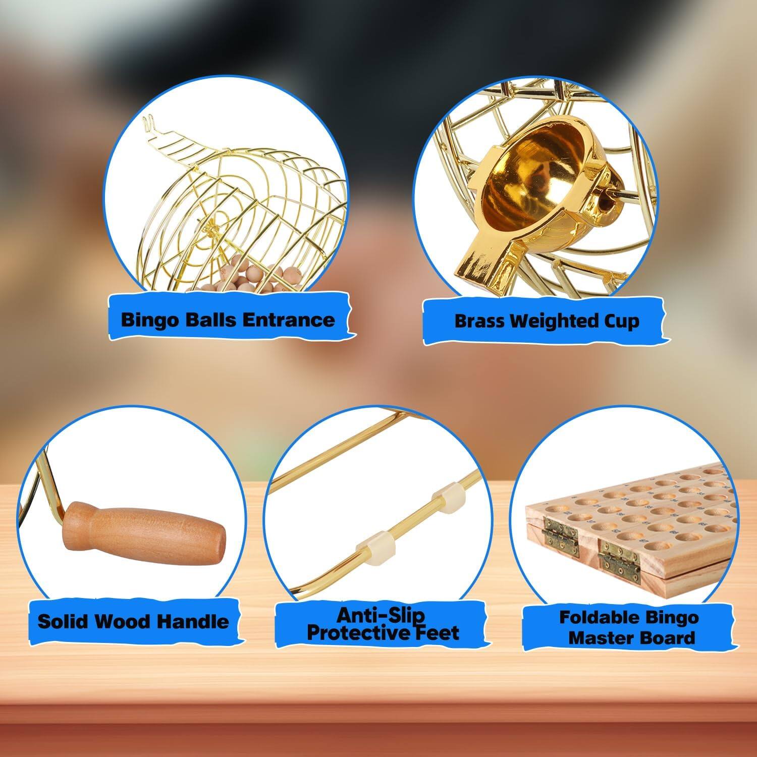 Bingo Balls Entrance, Brass Weighted Cup, Solid Wood Handle, Anti-Slip Protective Feet, Foldable Bingo Master Board