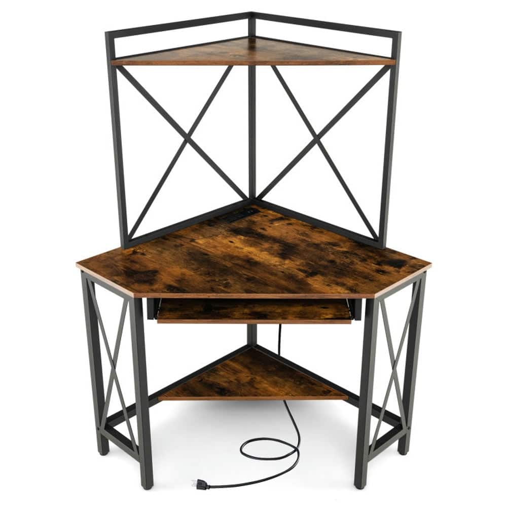 Pefilos - Space-Saving Corner Computer Desk with with Hutch & Keyboard Tray-Rust Office Desk, Desks, Working, Writing - Brown