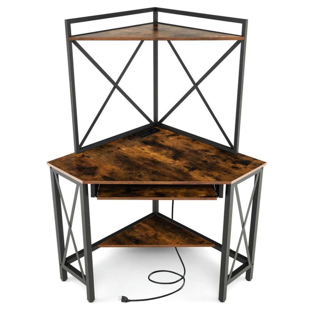 Pefilos - Space-Saving Corner Computer Desk with with Hutch & Keyboard Tray-Rust Office Desk, Desks, Working, Writing - Brown