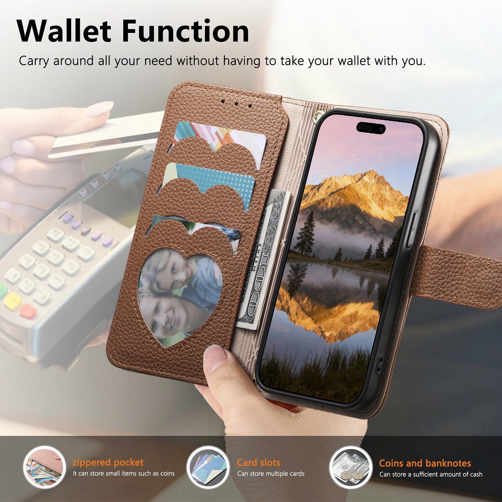 Wallet Function  
Carry around all your need without having to take your wallet with you.

- zippered pocket: It can store small items such as coins
- Card slots: Can store multiple cards
- Coins and banknotes: Can store a sufficient amount of cash