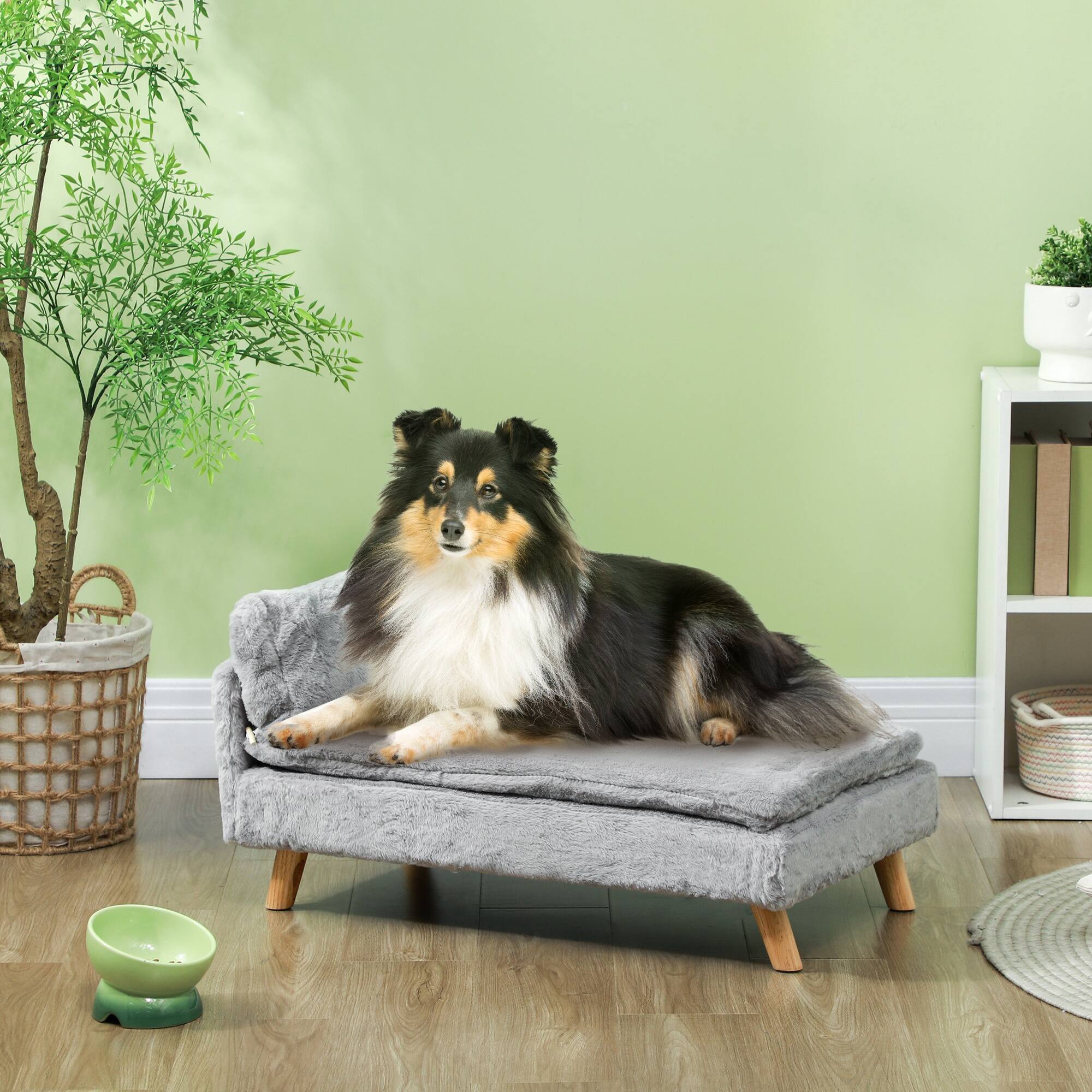 Angle. Pawhut - Sofa Bed, Elevated Pet Sofa with Cushion, Pillow, Removable & Washable Covers, with Pads, Medium Dogs - Light Gray.