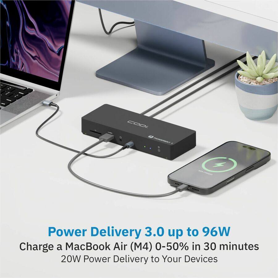 Power Delivery 3.0 up to 96W  
Charge a MacBook Air (M4) 0-50% in 30 minutes  
20W Power Delivery to Your Devices