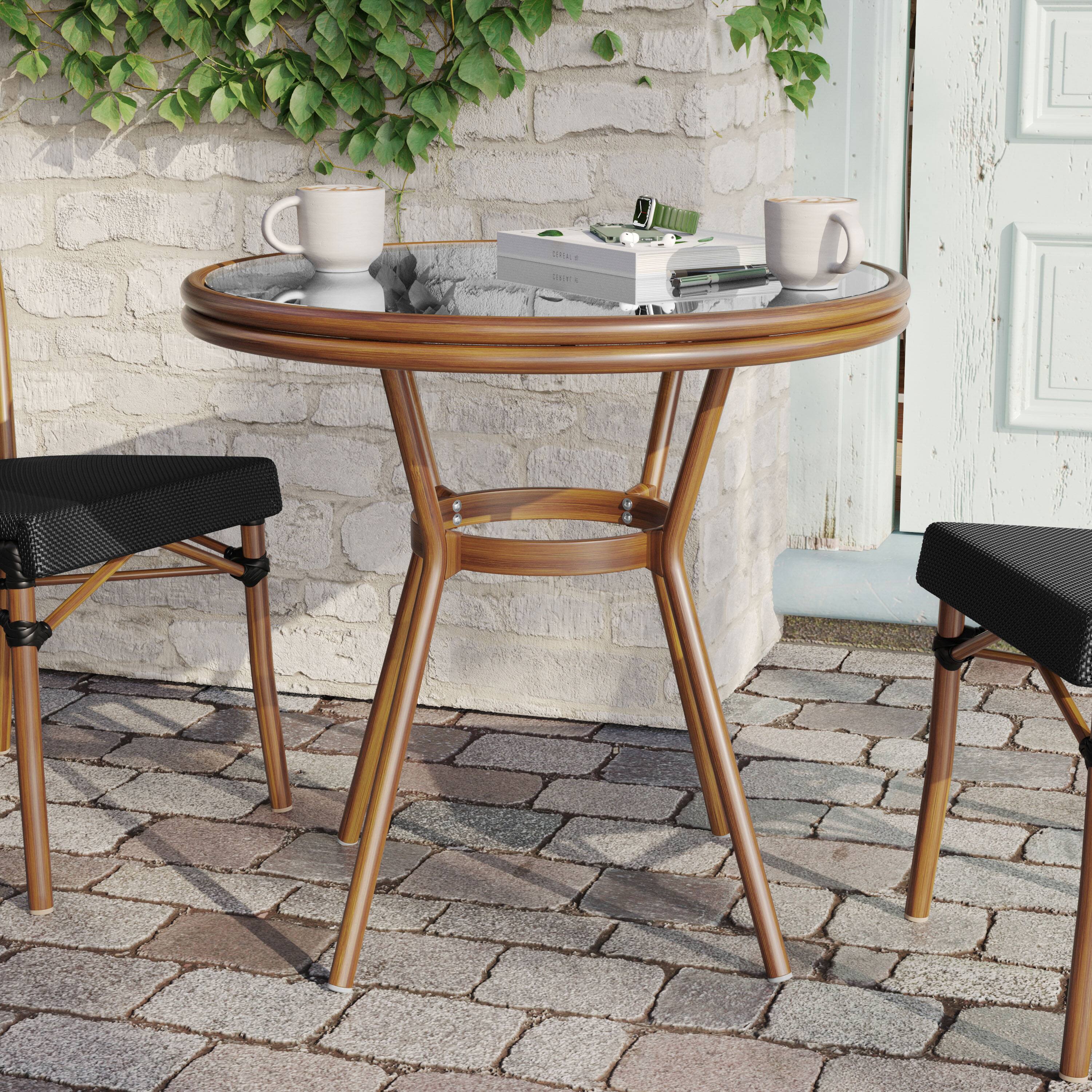 Alt View 1. Flash Furniture - Marseille Indoor/Outdoor Commercial Bistro 31.5" Table, Black Textilene, Glass Top, Bamboo Print Aluminum Frame in Natur - Black.