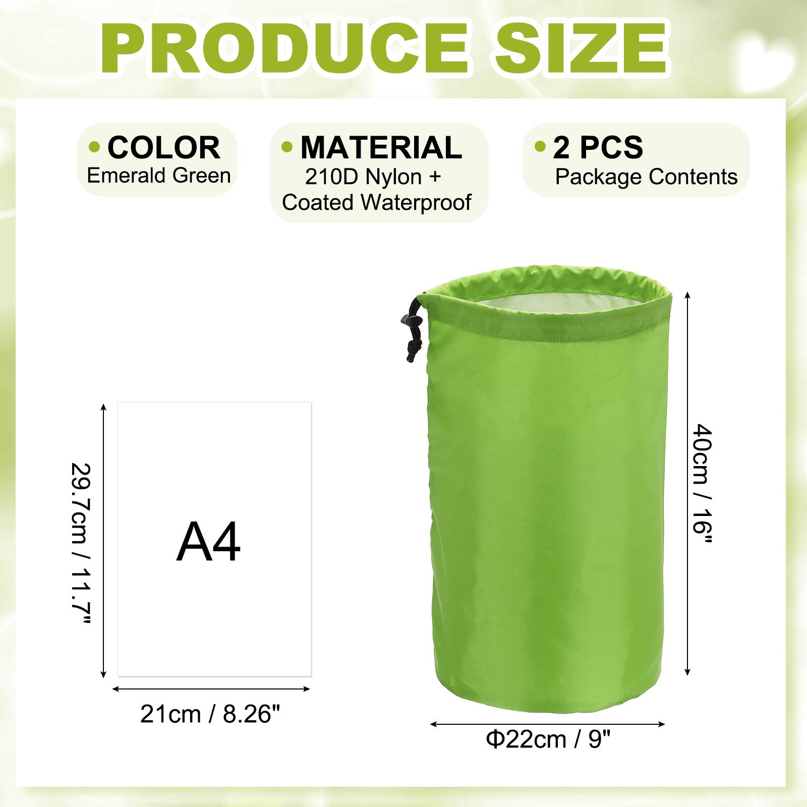 - **Color:** Emerald Green
- **Material:** 210D Nylon + Coated Waterproof
- **Package Contents:** 2 PCS
- **Size:**
  - 29.7cm / 11.7" (height)
  - 21cm / 8.26" (width)
  - 40cm / 16" (height)
  - Ø22cm / 9" (diameter)