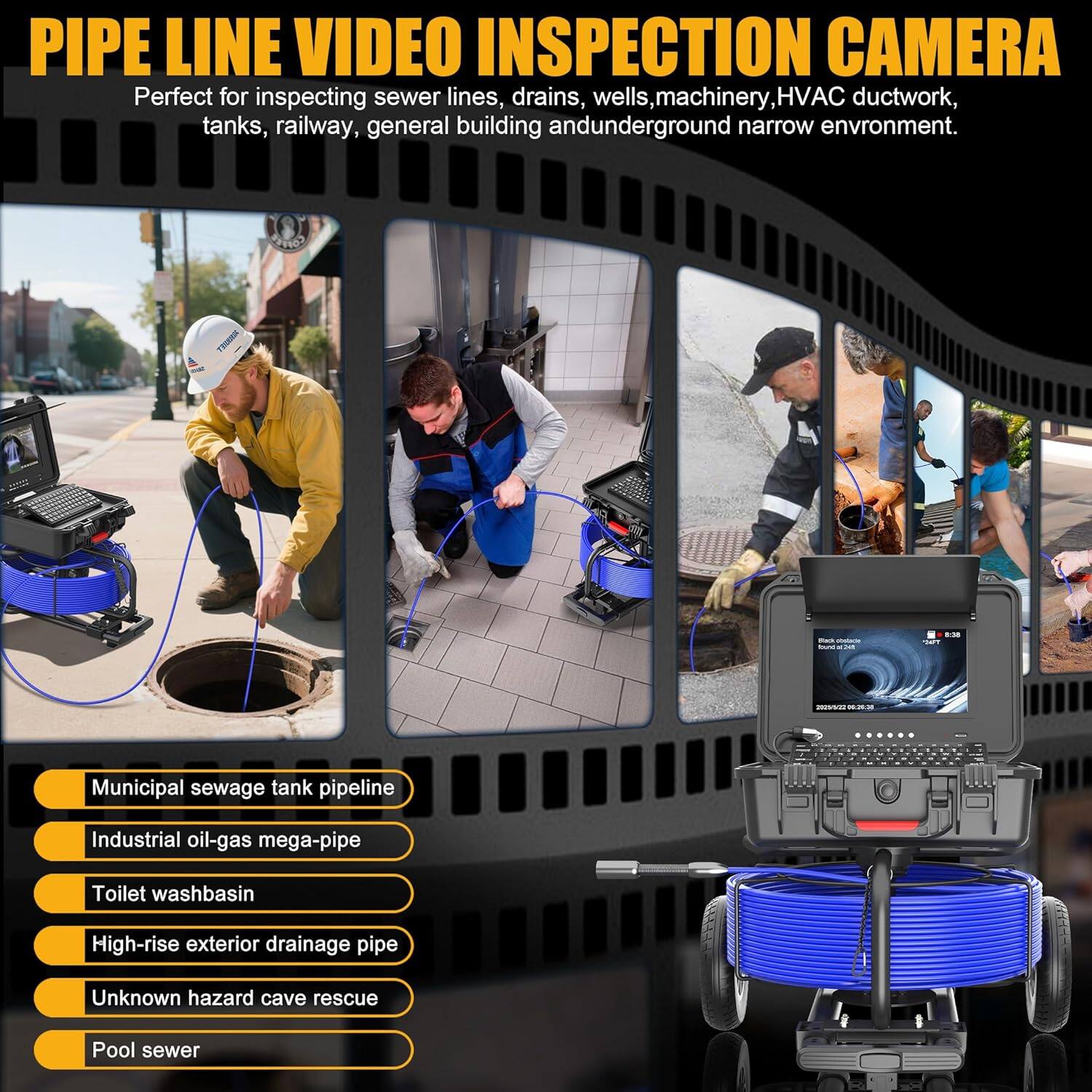 Angle. Aukfa - Sewer Camera - 10" HD Borescope with Self-Leveling, IP68, 200Ft 7MM Cable, DVR, 5X Zoom.