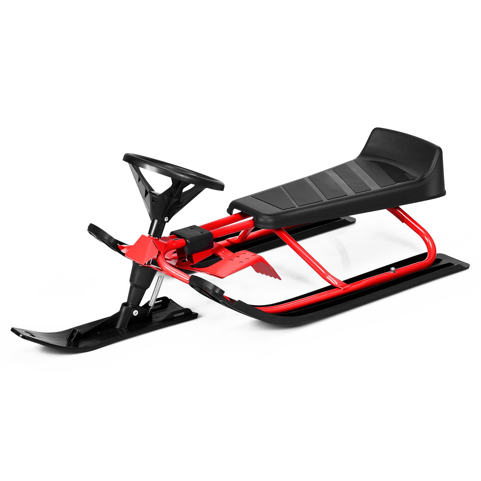 Front. Costway - Kids Snow Racer Sled Steering Wheel Double Brakes Pull Rope Red - Black+Red.
