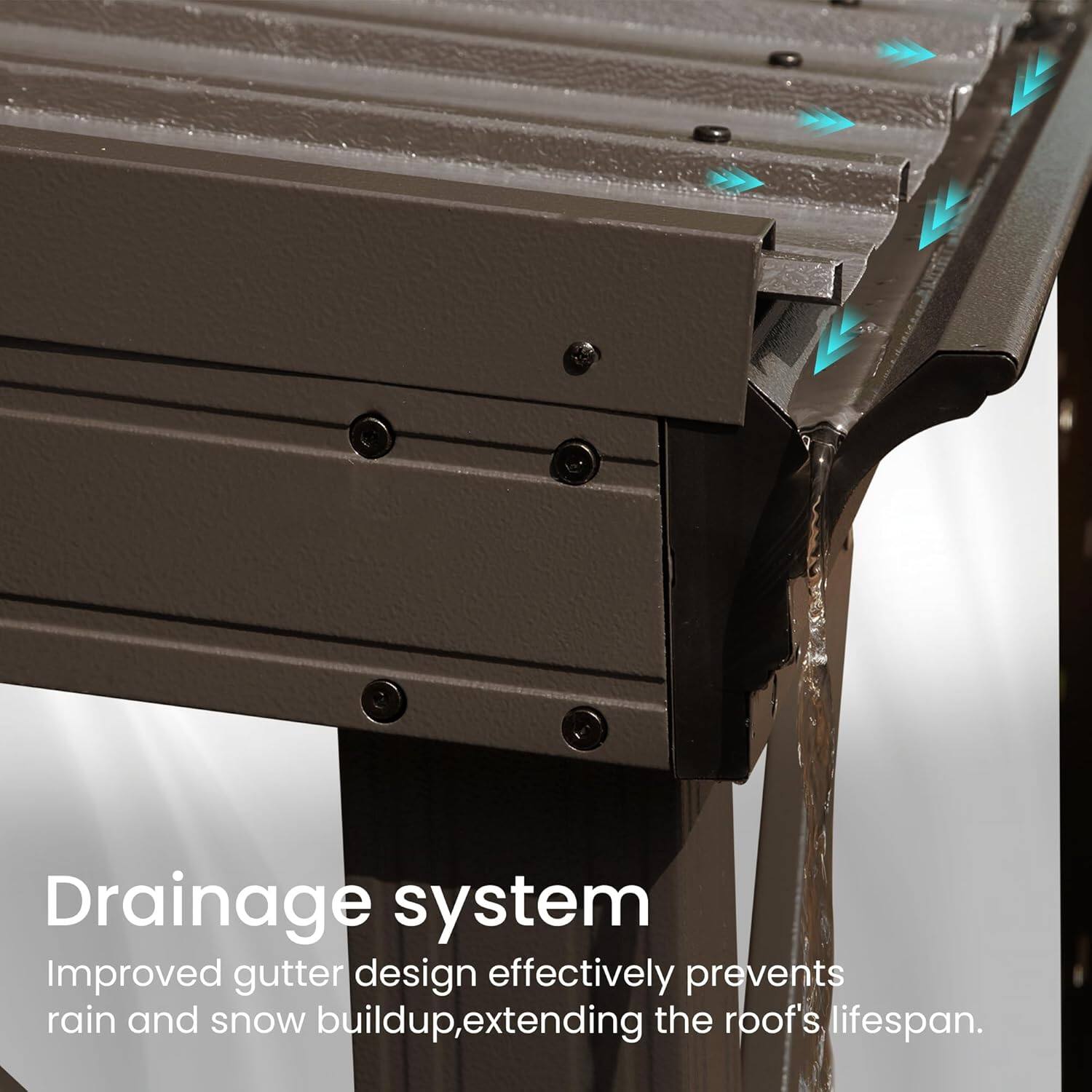 Drainage system  
Improved gutter design effectively prevents rain and snow buildup, extending the roof's lifespan.