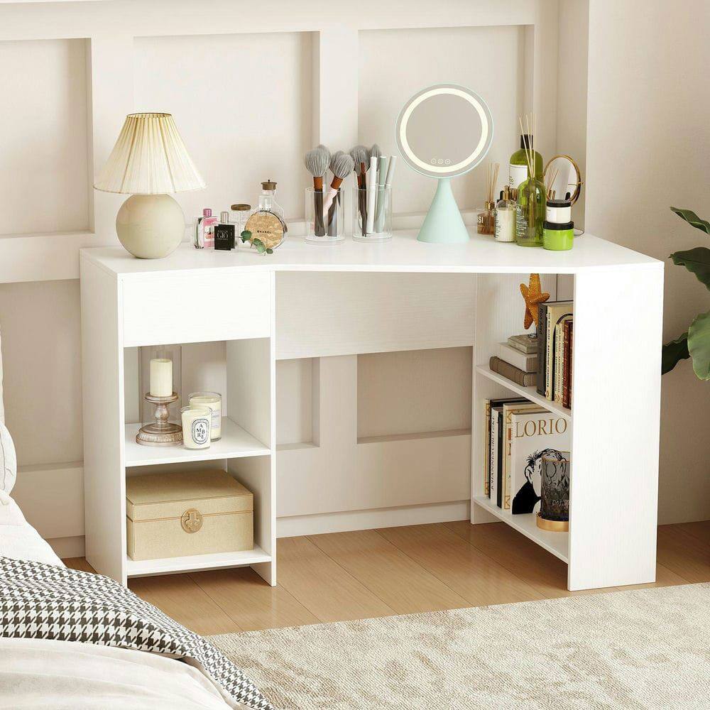 Angle. Kadyn - 48-Inch L-Shaped Corner Executive Computer Desk - Built-in Drawer, White - White.