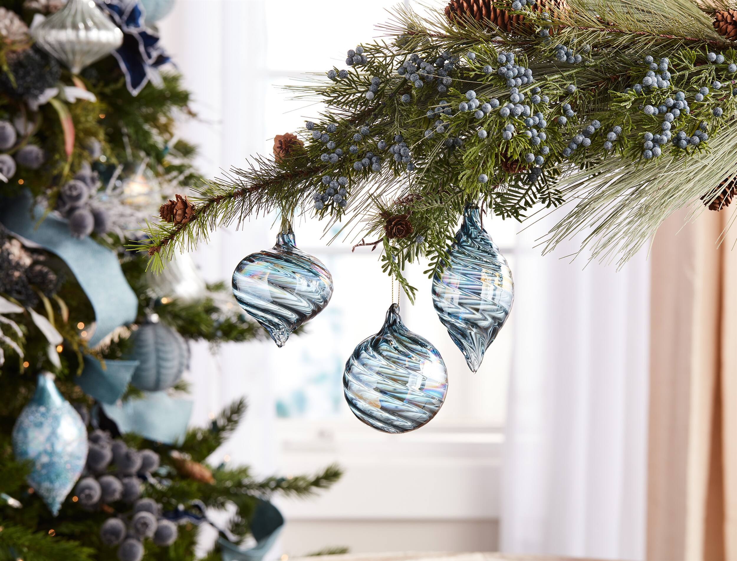 Left. BreeBe - Iridescent Swirl Glass Ornament (Set of 12) - Blue.