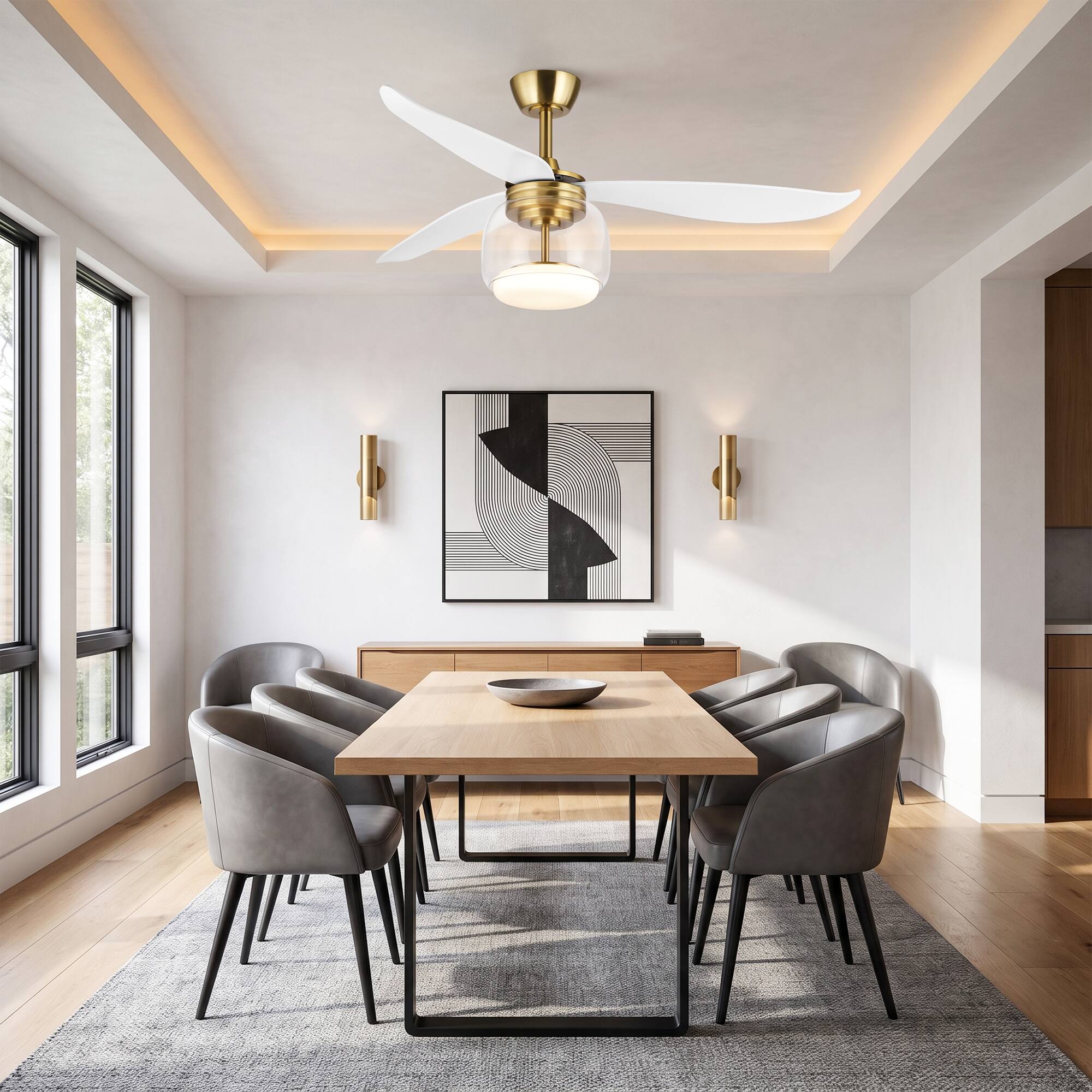 Left. Parrot Uncle - 52-Inch Modern Propeller 3-Blade Glass Dimmable LED Ceiling Fan with Light and Remote - White.