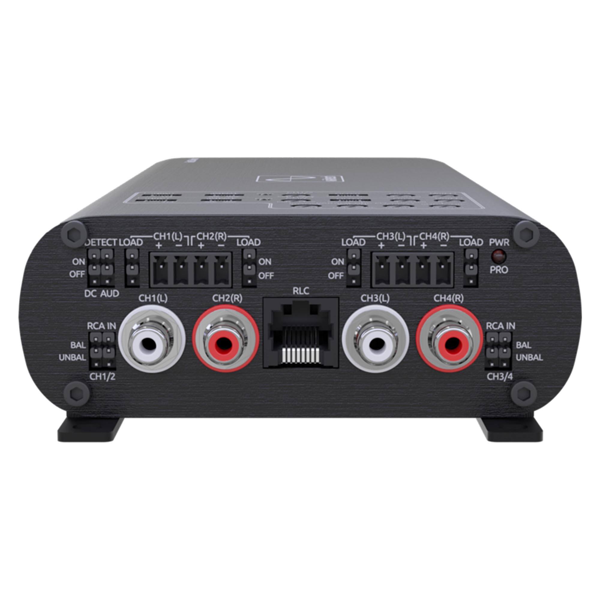 - DETECT LOAD
  - CH1(L) + - CH2(R) + LOAD
  - ON OFF DC AUD
  - CH1(L) CH2(R) ON OFF RLC

- LOAD
  - CH3(L) + - CH4(R) + LOAD
  - ON OFF PWR
  - CH3(L) CH4(R) PRO

- RCA IN
  - BAL UNBAL
  - CH1/2
  - CH3/4