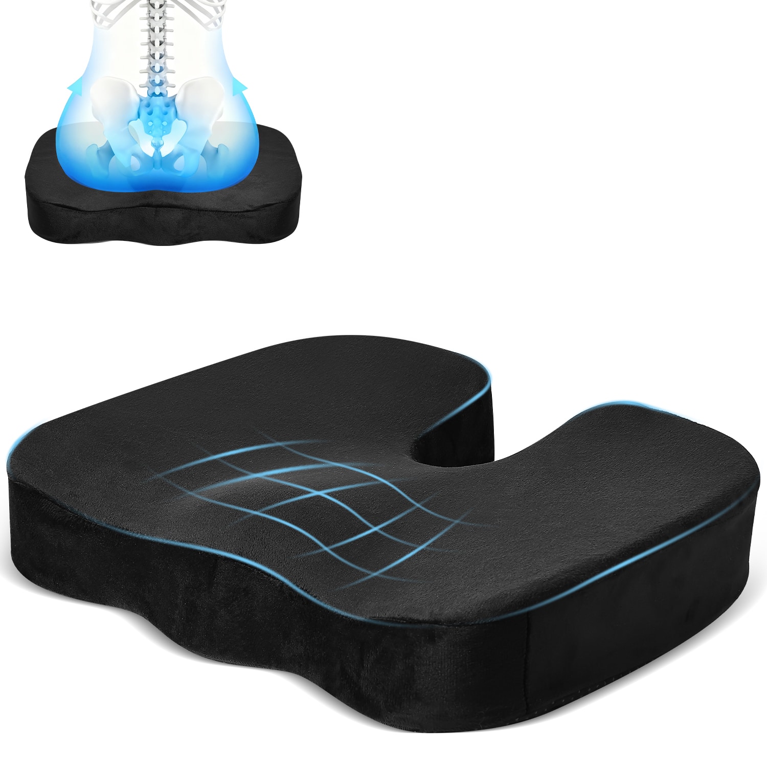 Fosmon - Memory Foam Seat Cushion Car Seat Cushion for Office Chair Gaming Chair Cushion for Tailbone Pain Relief Sciatica Pillow - Black