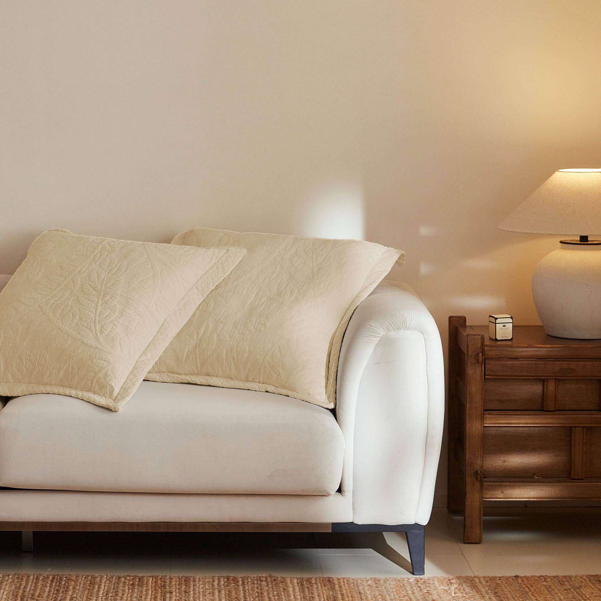 Left. MarCielo - 100% Cotton Embroidered Quilted Pillow Shams Set of 2, 26"x26" Euro Size - Natural Beige.